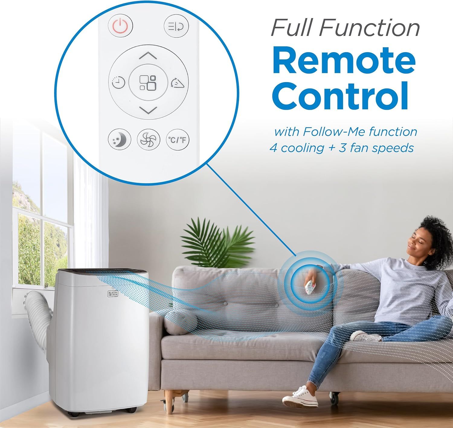 Highlights the convenience of full-function remote control with Follow-Me technology, allowing the user to control the air conditioner from anywhere in the room for personalized comfort.