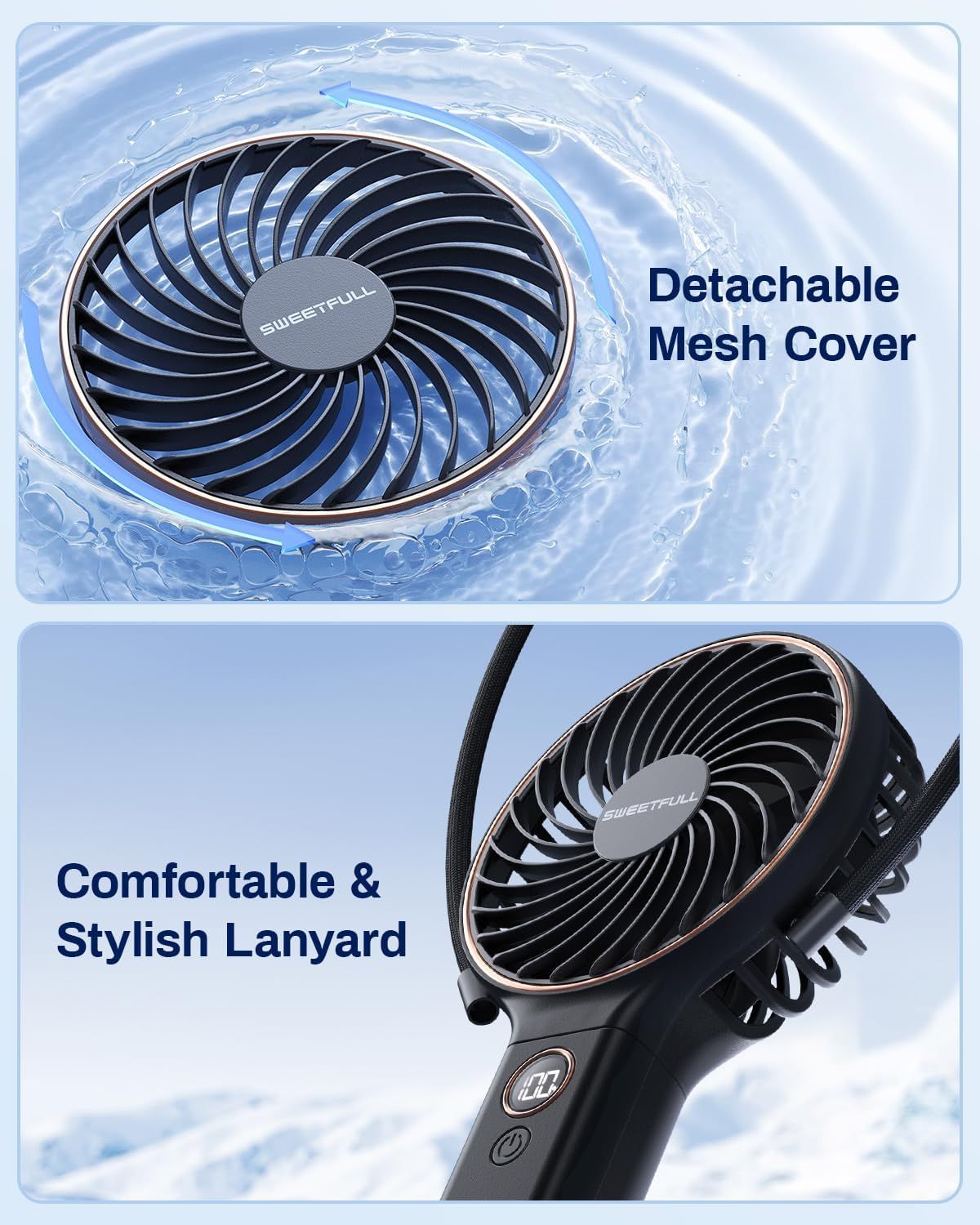 Highlights two distinct product features in a segmented layout: the detachable mesh cover for easy cleaning and the comfortable lanyard for portability and convenience.