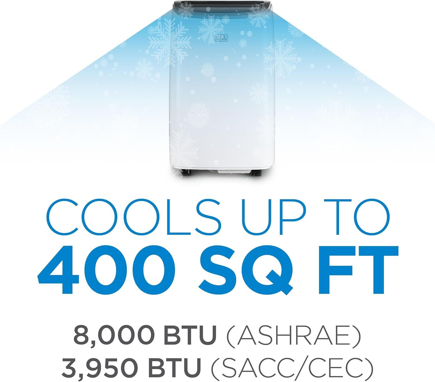 Communicates the portable air conditioner's cooling power and room coverage capacity through prominent performance statistics to help shoppers understand if it meets their space requirements.