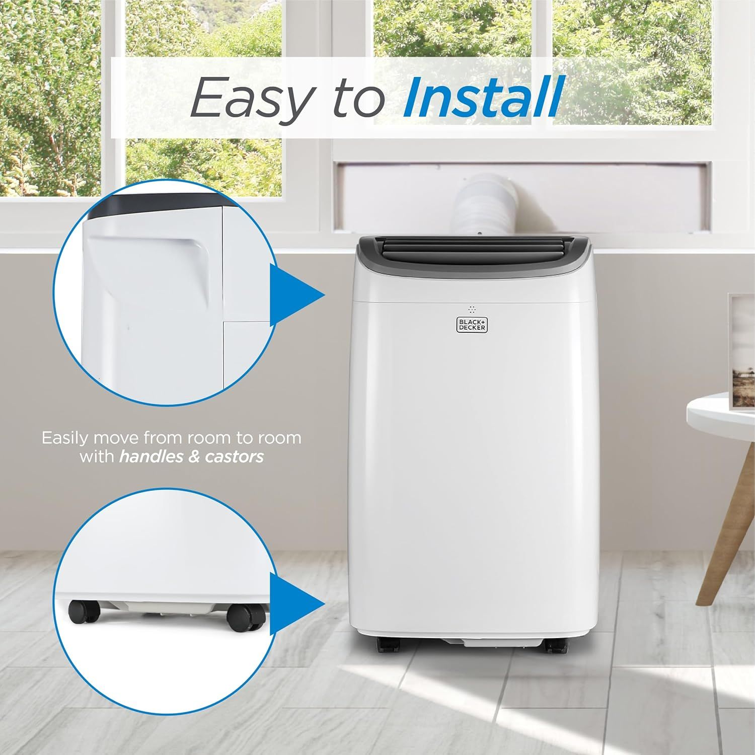 Communicates that the portable air conditioner is easy to install using the included window kit and can be easily moved from room to room using built-in handles and castors. Highlights two distinct…