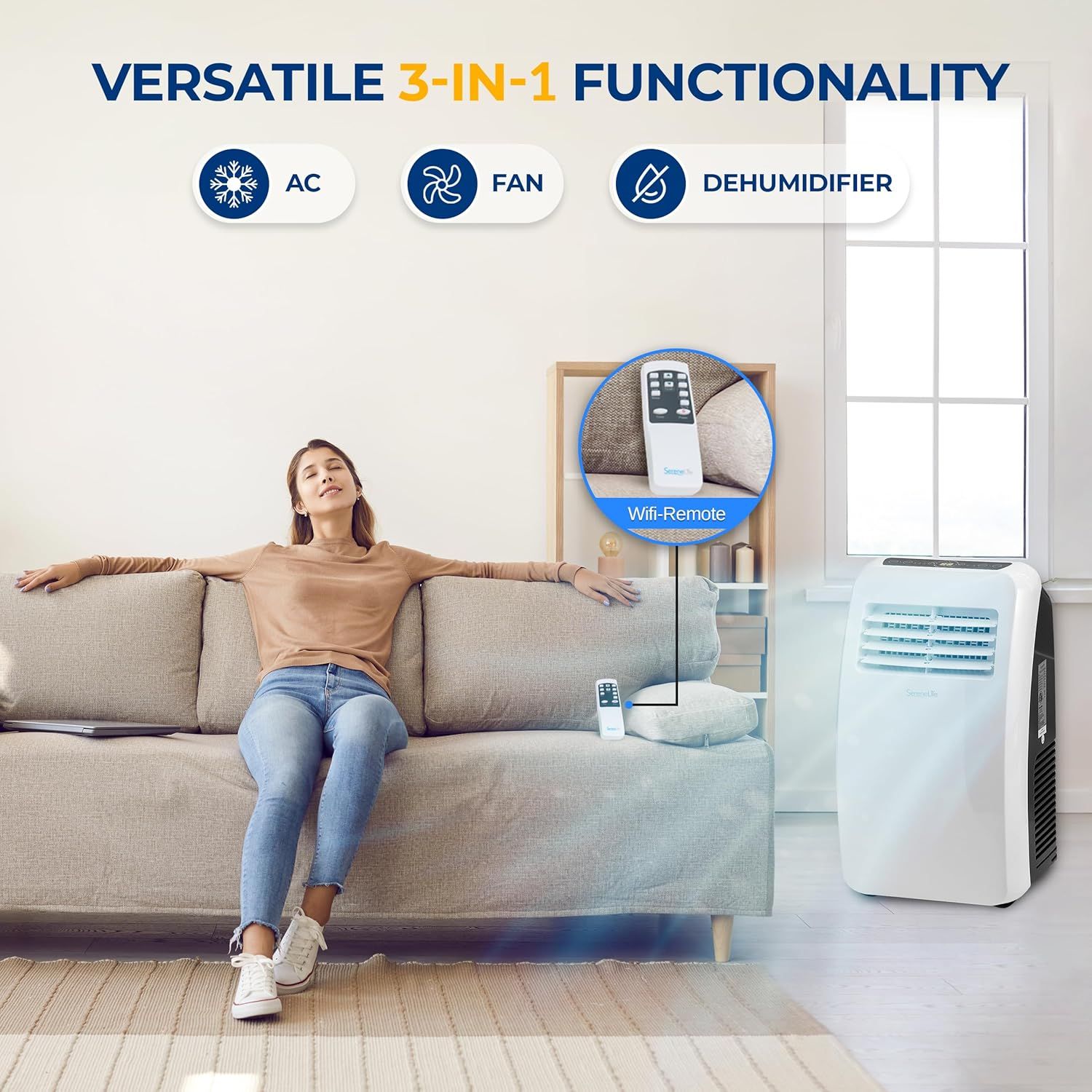 Demonstrates the product's versatility by showing it can function as an air conditioner, fan, and dehumidifier, highlighting its multiple use cases in one device. Shows the product in a real-world…