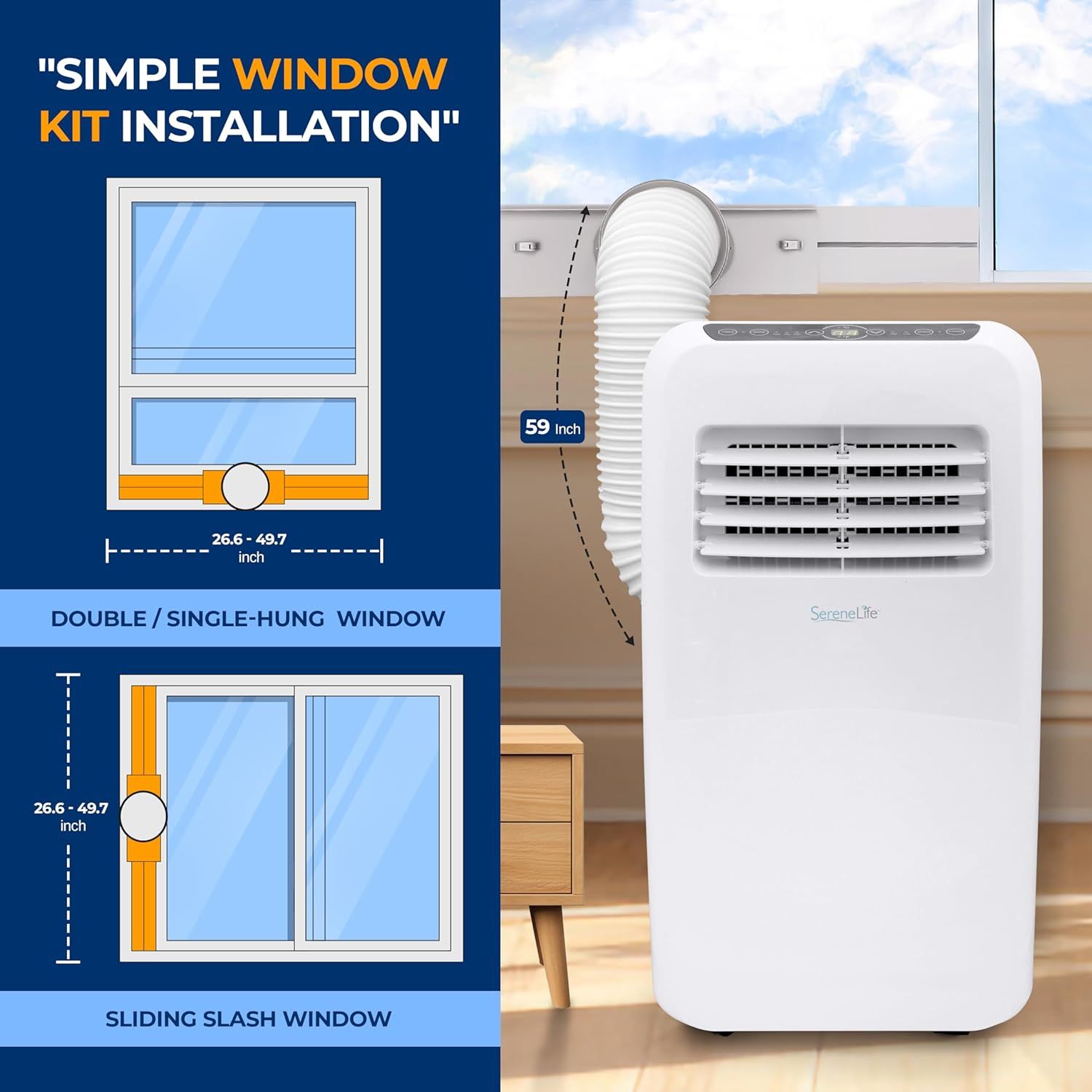 Demonstrates how to install the portable air conditioner's window kit and shows compatibility with different window configurations (double/single-hung and sliding windows) with specific…