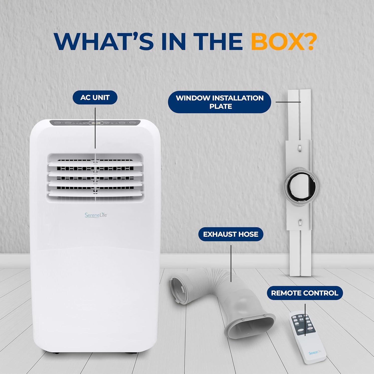 Shows all components included with the portable AC unit purchase to help shoppers understand the complete package and installation accessories they will receive.