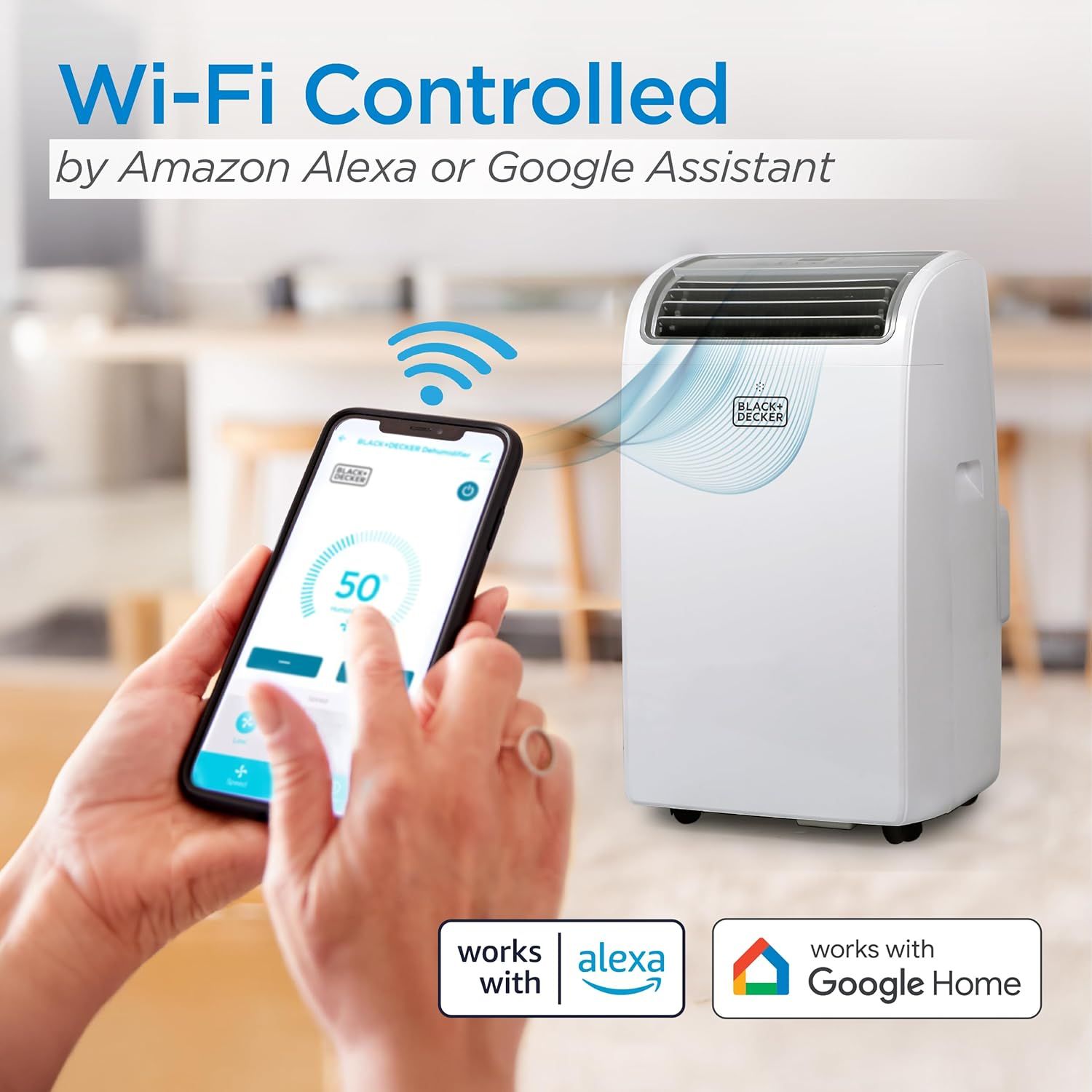 Demonstrates that the product is compatible with Amazon Alexa and Google Assistant, allowing shoppers to control the air conditioner via voice commands and smartphone app. Highlights the convenience…