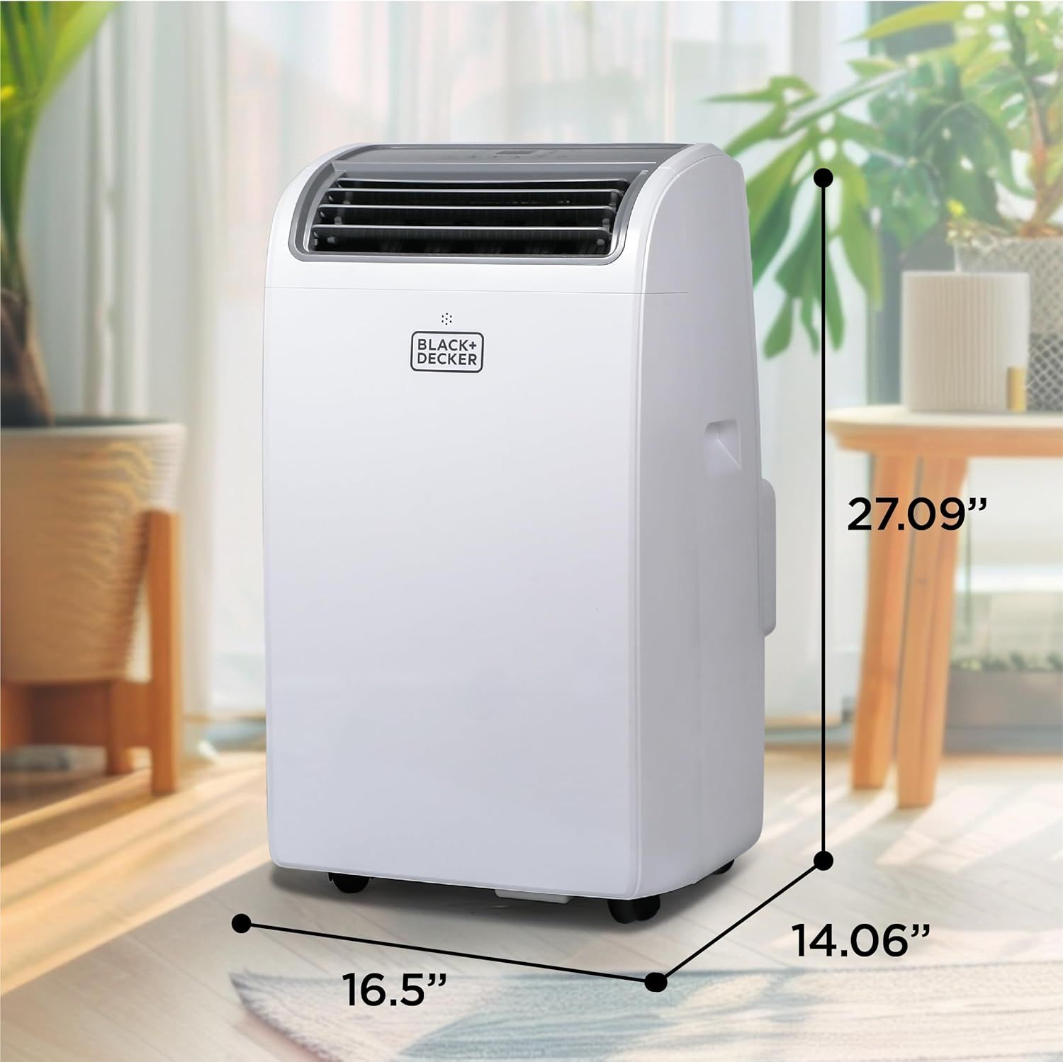 Communicates the exact physical dimensions of the portable air conditioner to help shoppers understand if it will fit in their intended space.
