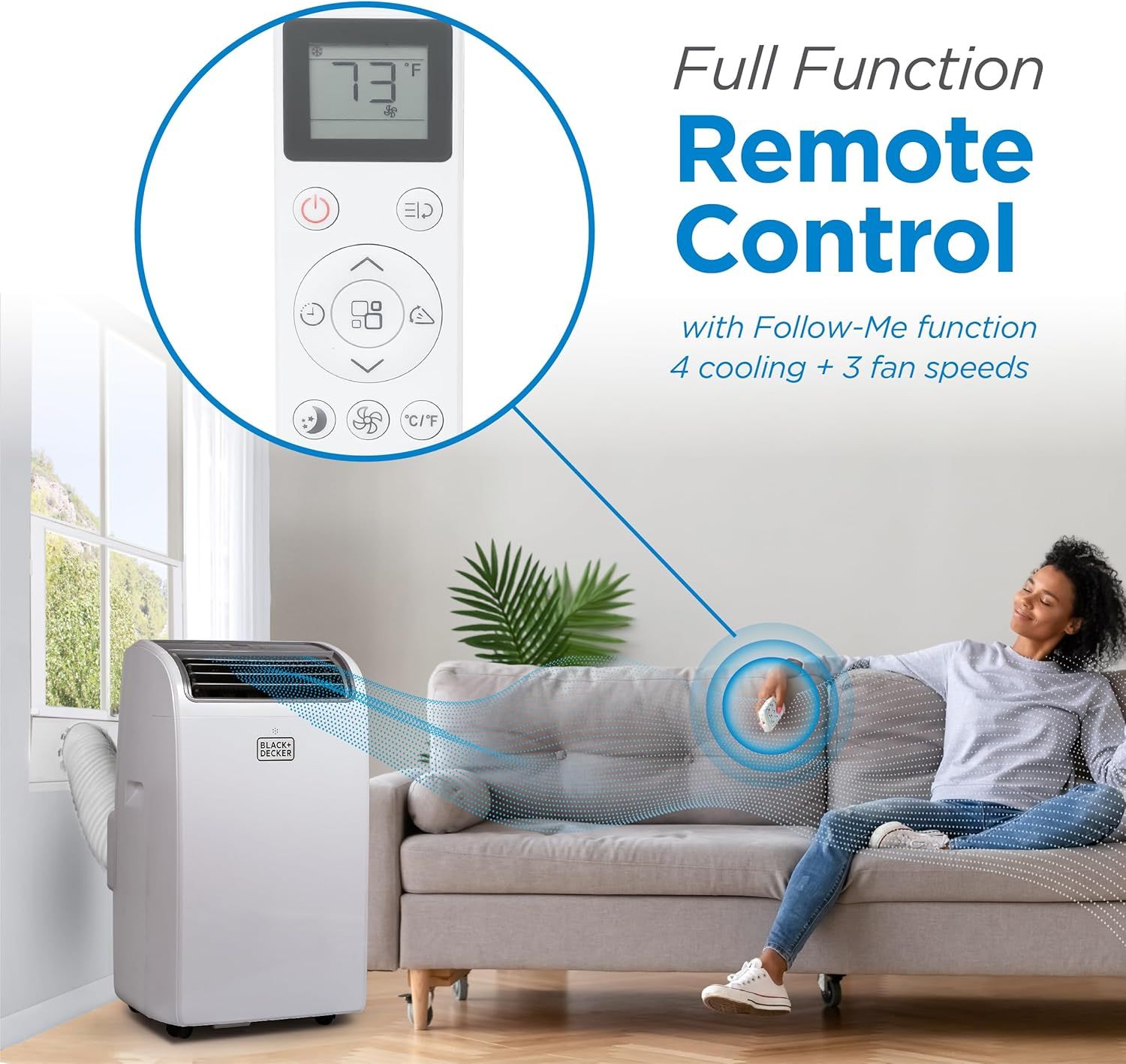 Highlights the convenience of the full-function remote control with Follow-Me technology, 4 cooling modes, and 3 fan speeds, reassuring shoppers they can easily control the air conditioner from…