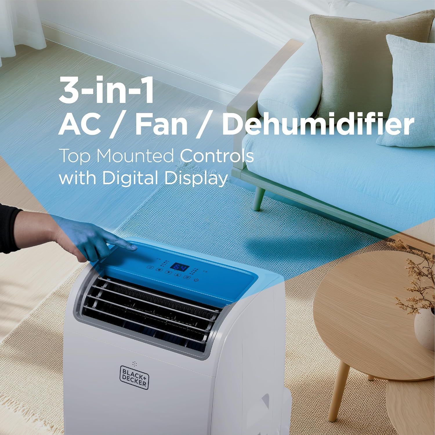Communicates the product's versatility by highlighting its three distinct functions (air conditioning, fan, and dehumidification) to show shoppers it can serve multiple climate control needs.…