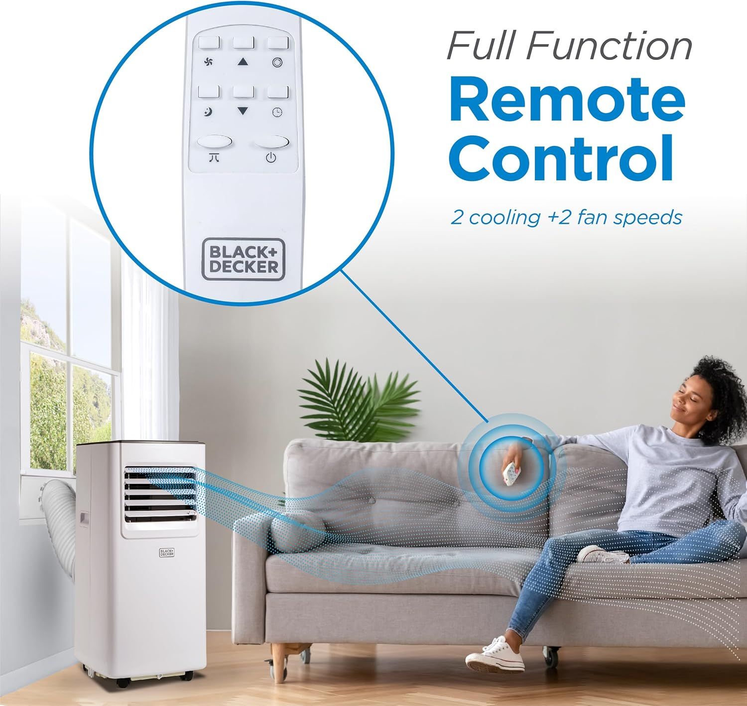 Highlights the convenience of full-function remote control with multiple cooling and fan speed options, reassuring shoppers they can easily adjust settings from anywhere in the room.