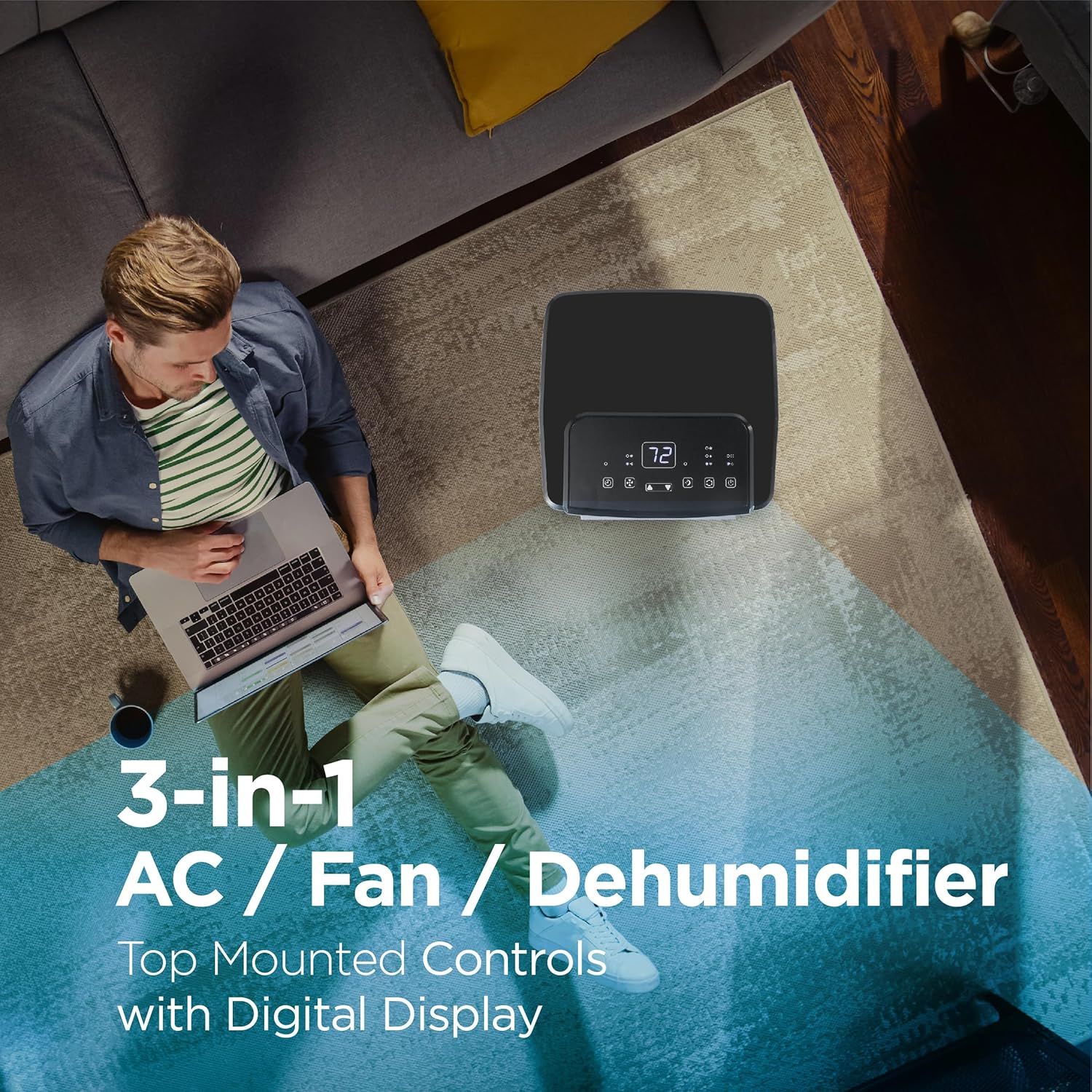 Demonstrates the product's versatility by highlighting its three distinct functions (air conditioning, fan, and dehumidification) to show shoppers it can serve multiple climate control needs in one…