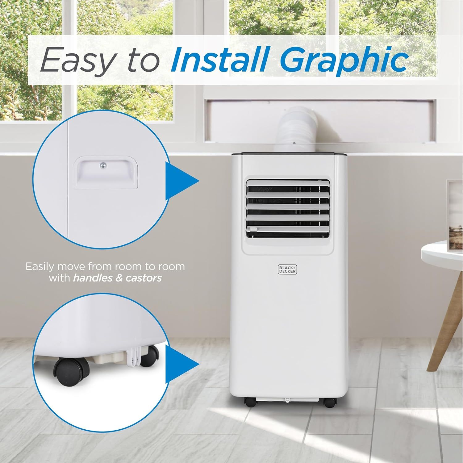 Communicates two key benefits of the portable air conditioner: easy installation via a graphic window kit and convenient room-to-room mobility with built-in handles and castors.