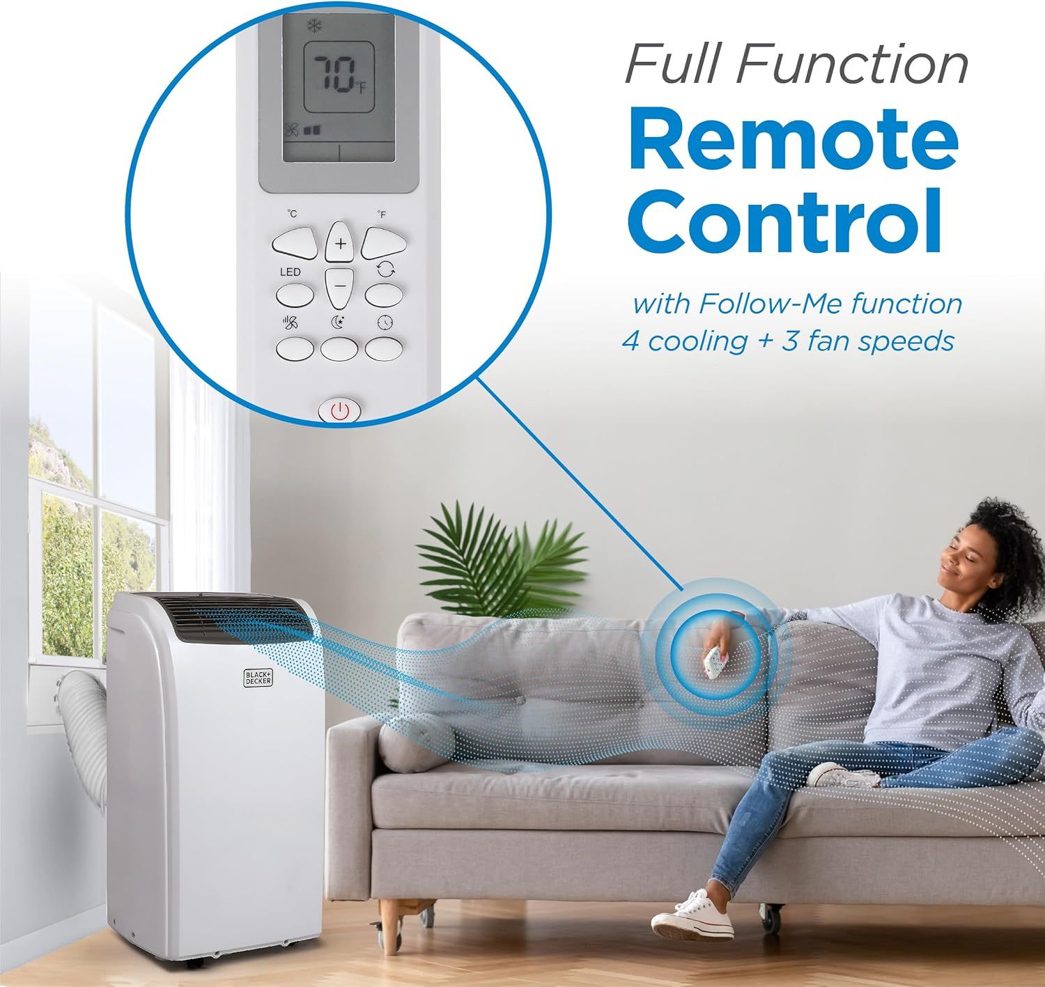 Highlights the convenience and advanced functionality of the remote control, emphasizing ease of use with multiple cooling modes and fan speeds to reassure shoppers of user-friendly operation.