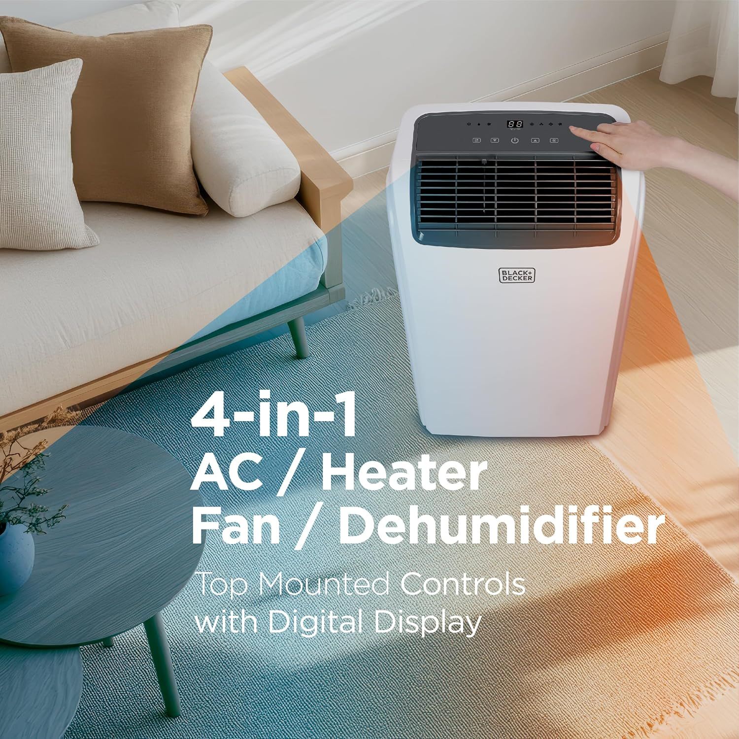 Communicates the product's versatility by highlighting its four distinct functions and user-friendly control features, reassuring shoppers of its multi-season utility and ease of use.