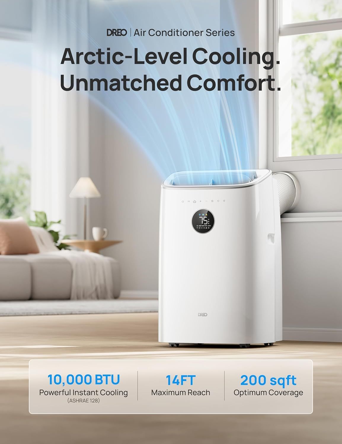 Communicates the air conditioner's key performance specifications across three distinct benefit areas: cooling power, reach distance, and room coverage capacity to help shoppers understand the…