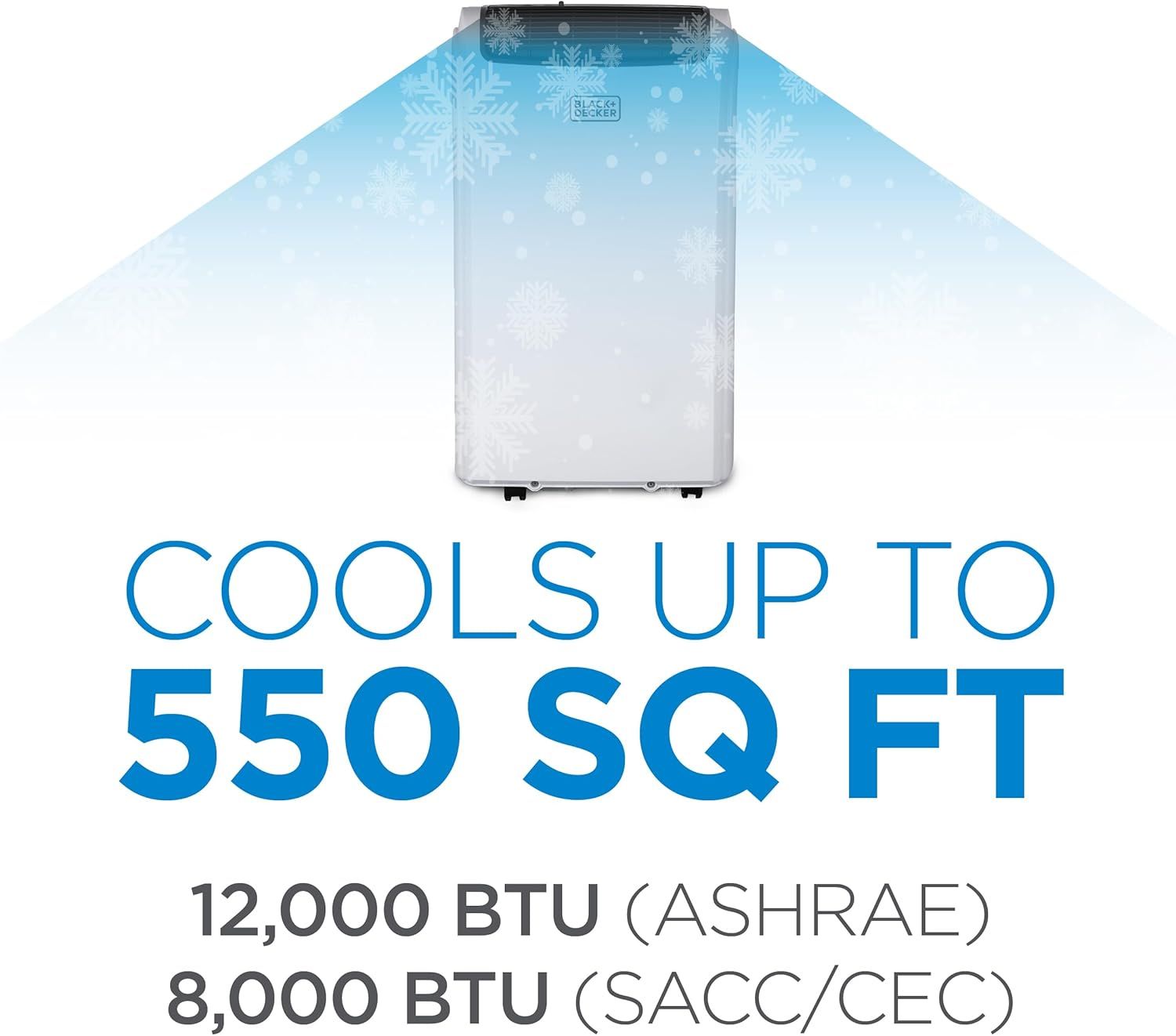 Communicates the product's cooling performance capacity in square footage and BTU ratings to help shoppers understand the unit's power and coverage area. Highlights the primary benefit of powerful…
