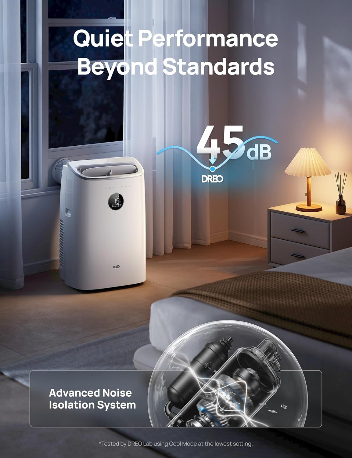 Communicates the product's exceptionally low noise level of 45dB to reassure shoppers that it operates quietly and won't disturb their living space. Highlights the internal noise isolation…