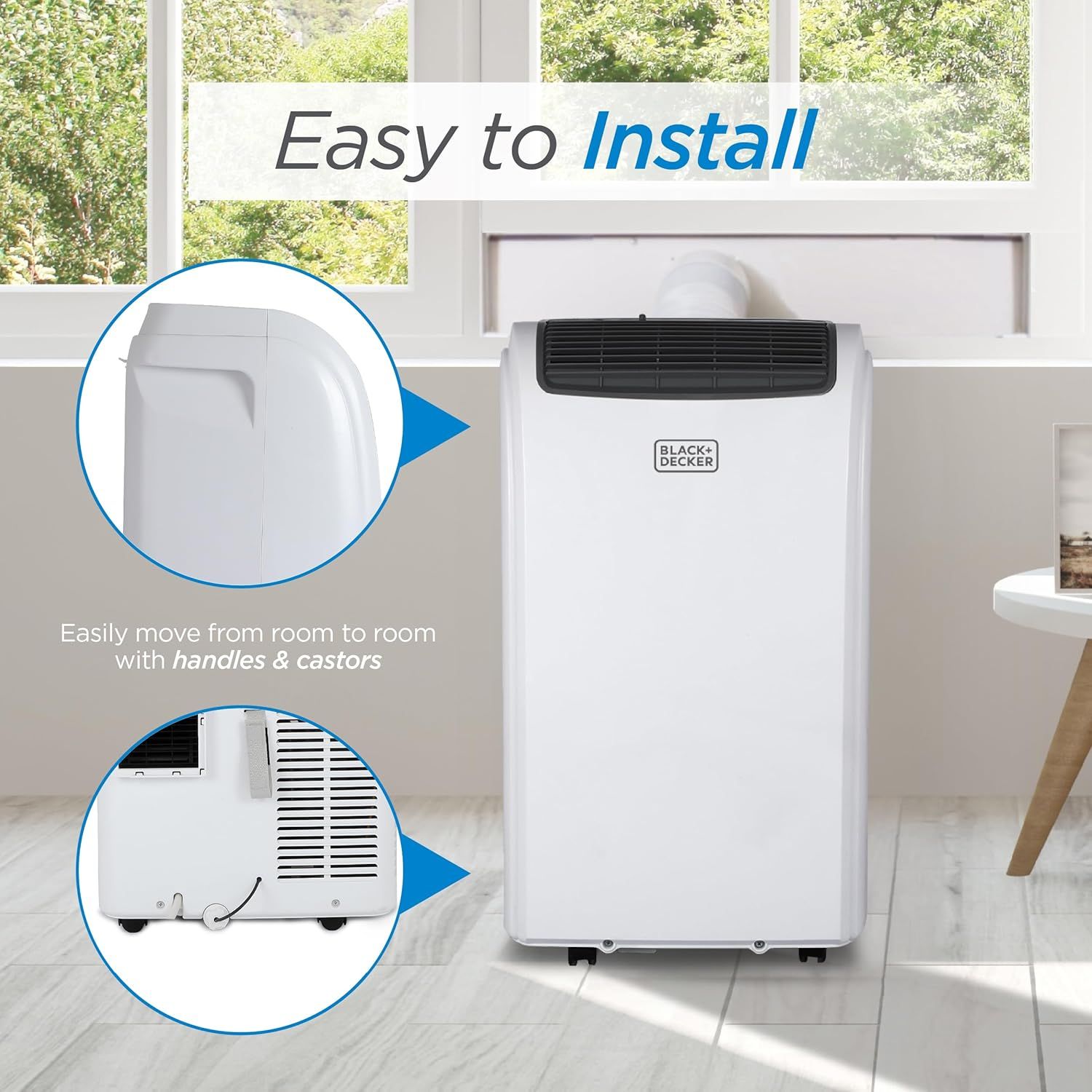 Demonstrates the product's ease of installation and portability by highlighting the window installation kit and built-in handles and castors for room-to-room mobility. Showcases two distinct…