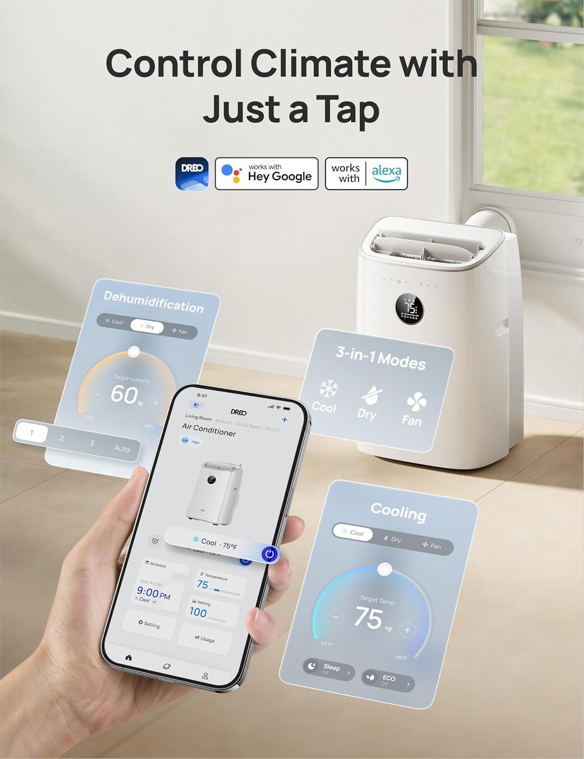 Demonstrates the air conditioner's multiple smart features and operational modes, showing shoppers they can control climate settings via app, voice commands, and access various functions including…