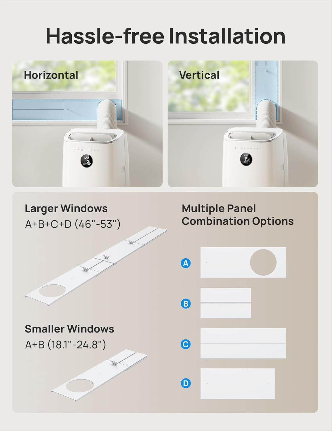 Demonstrates multiple installation methods (horizontal and vertical) and panel configurations to reassure shoppers that the product is easy to install and adaptable to different window sizes and…