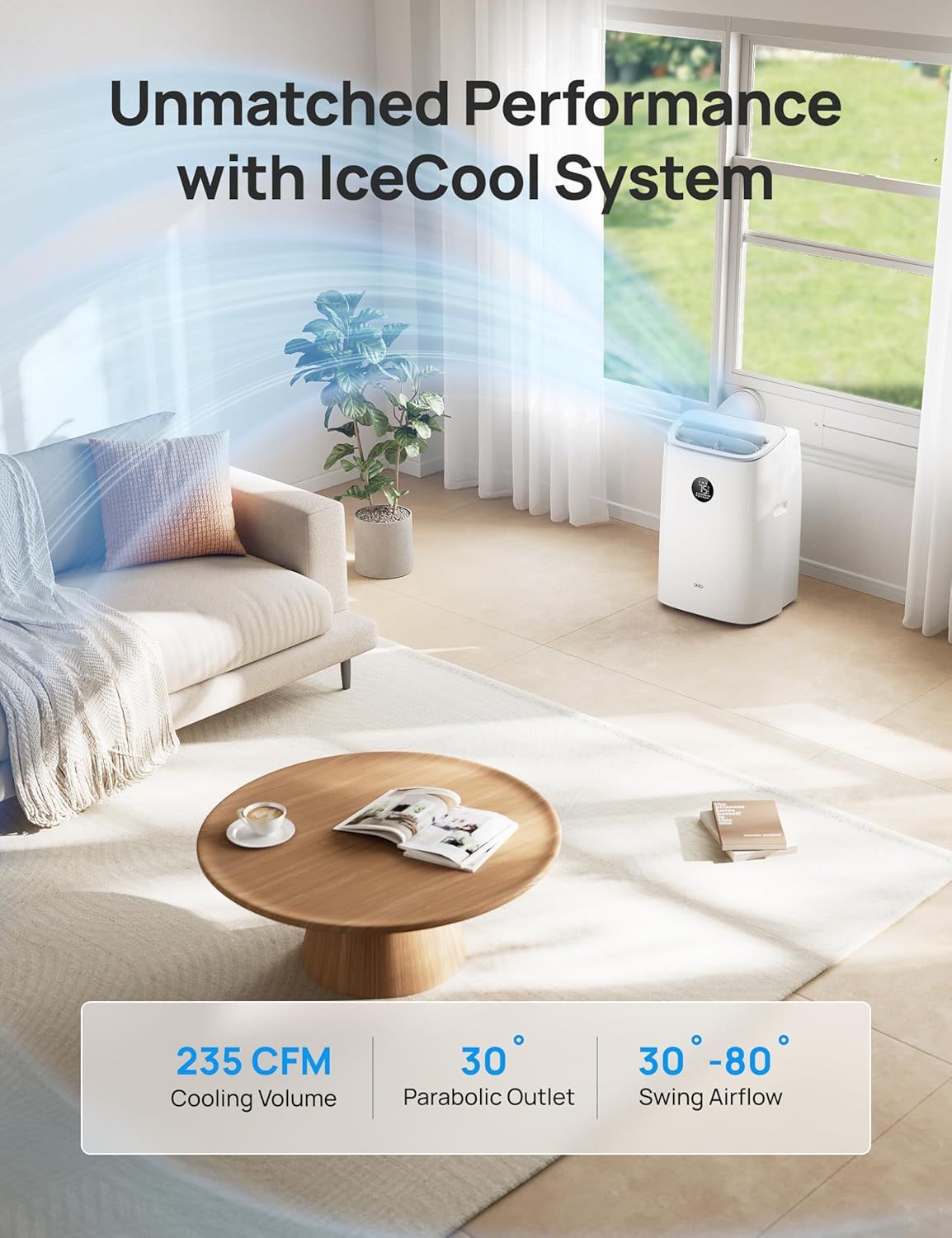 Communicates the product's quantifiable performance specifications to demonstrate its cooling power, directional airflow capability, and adjustable swing range, reassuring shoppers of its…