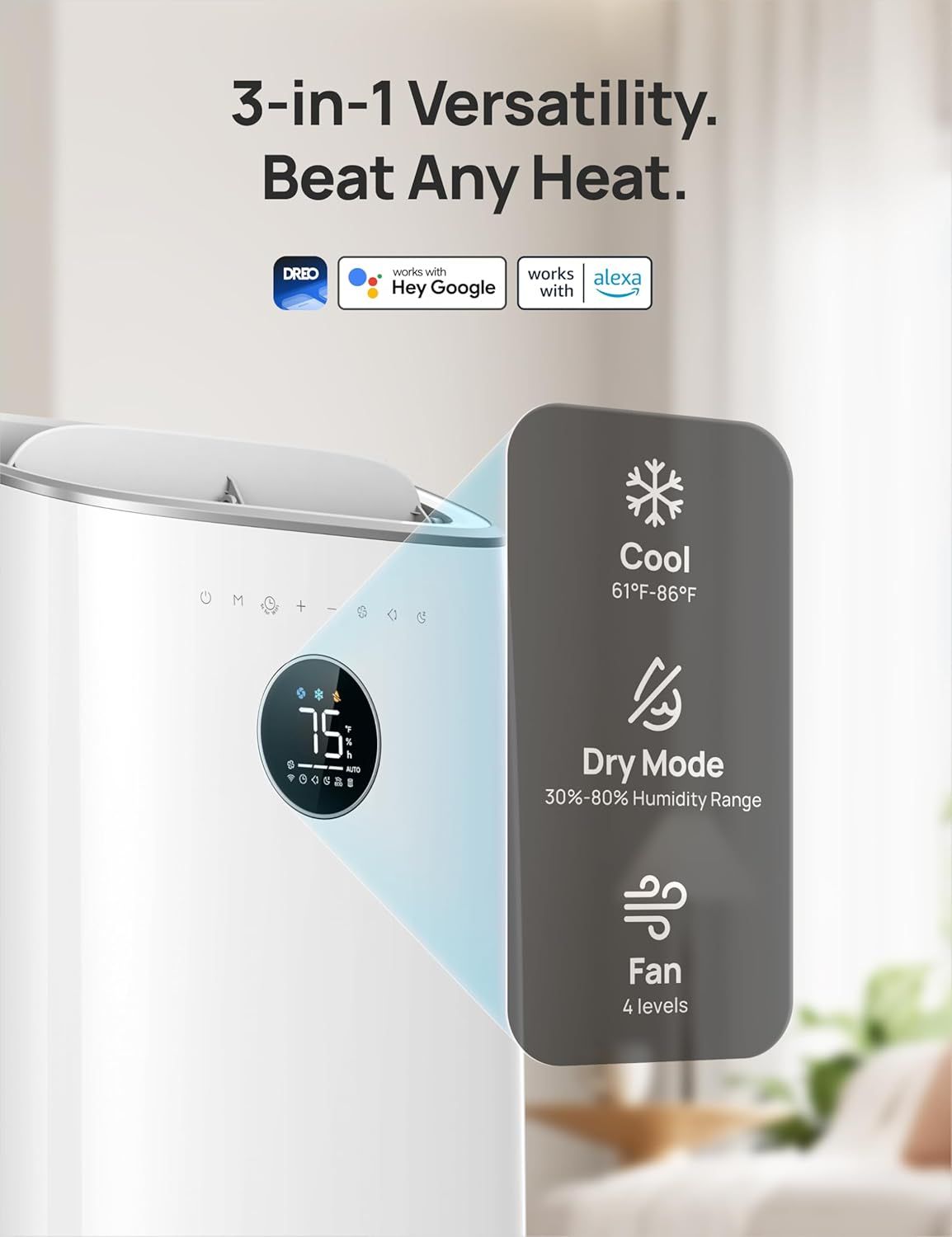 Demonstrates the product's multiple use modes (cooling, dehumidifying, and fan) to communicate versatility and year-round functionality for different climate needs. Highlights multiple distinct…
