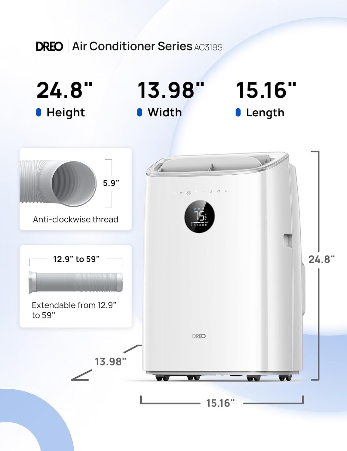 Communicates the exact physical dimensions of the air conditioner unit (height, width, length) and highlights the extendable hose feature to help shoppers understand the product's size and…
