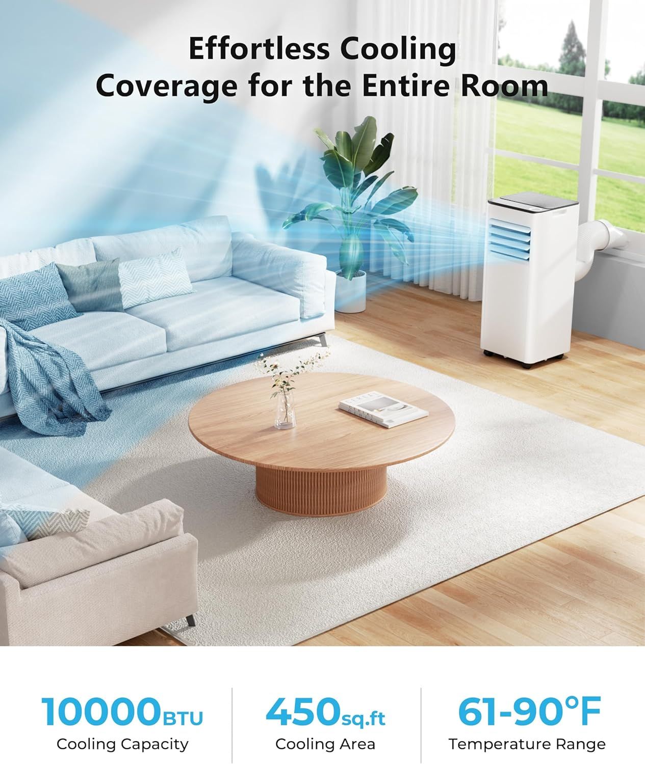 Communicates the product's quantifiable performance specifications—cooling capacity, coverage area, and temperature range—to help shoppers understand the unit's power and suitability for their…