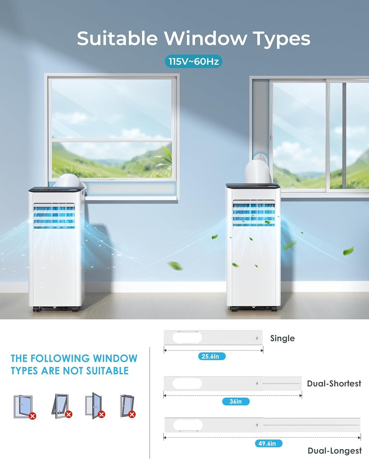 Demonstrates which window types are compatible with the portable air conditioner and which are not, helping shoppers determine if the product will work in their space.