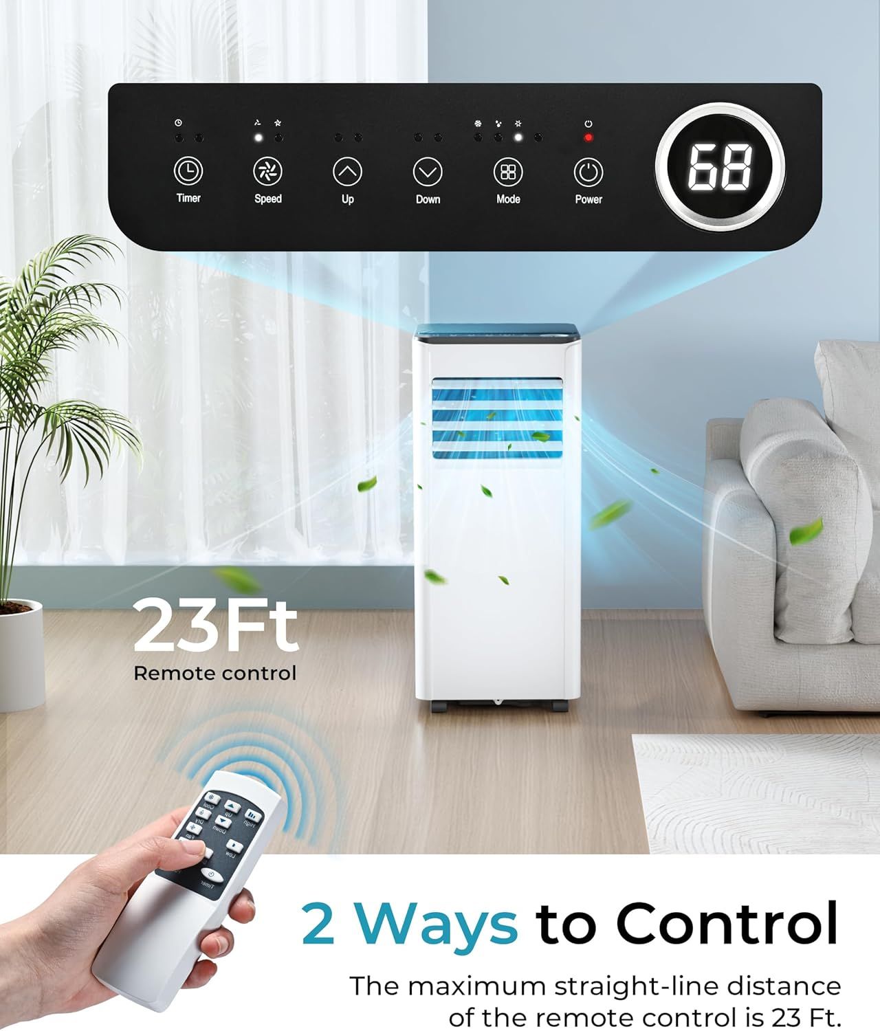 Communicates the remote control's maximum operating distance of 23 feet to reassure shoppers about convenient wireless control from across the room. Highlights the dual control options (remote and…