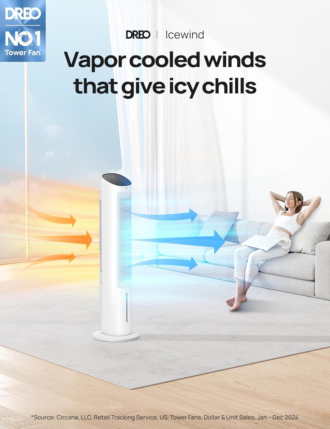 Communicates the product's unique vapor cooling feature that delivers refreshing, icy cold air to create a comfortable environment for the user.
