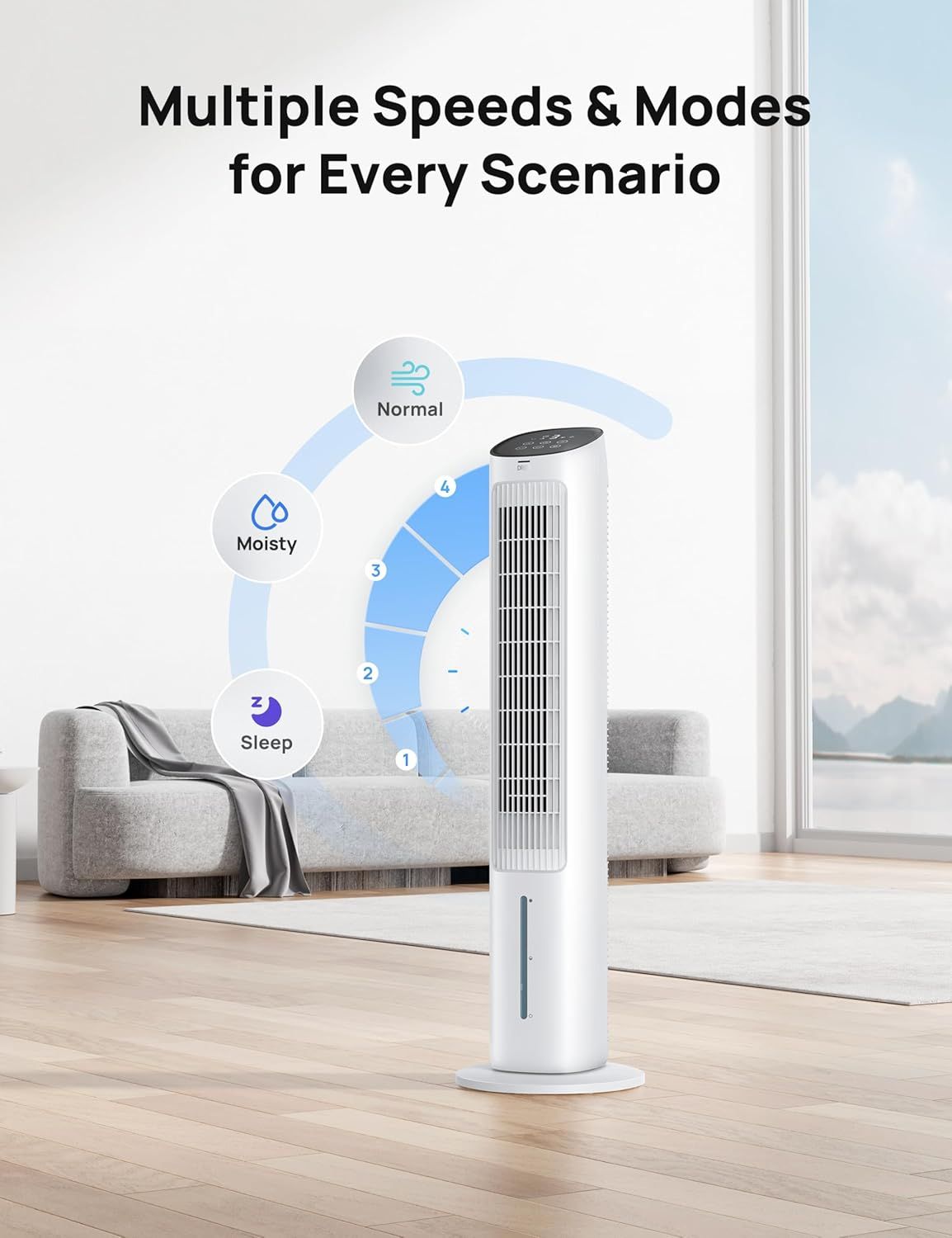 Communicates the product's versatility by showcasing multiple operational modes and speed settings designed for different scenarios, reassuring shoppers that the fan can adapt to their specific…