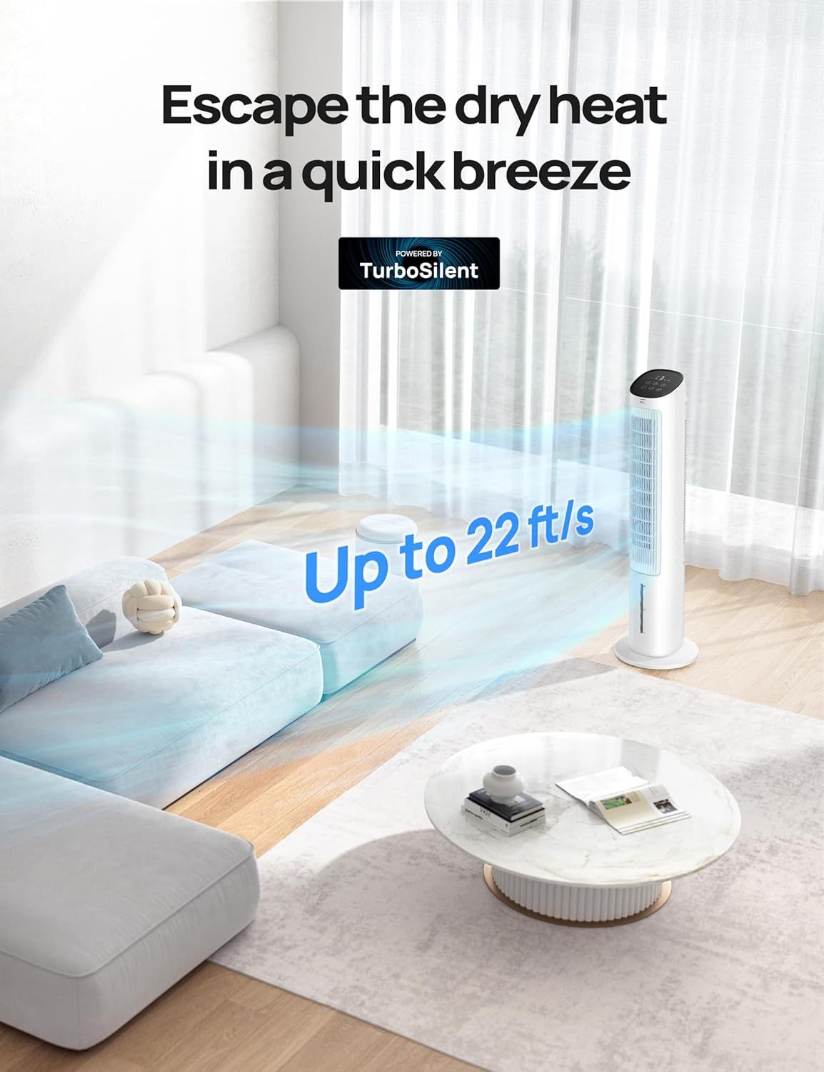 Communicates the powerful airflow capability of the tower fan to reassure shoppers it can effectively cool their space quickly. Highlights the fan's ability to provide quick, powerful cooling relief…