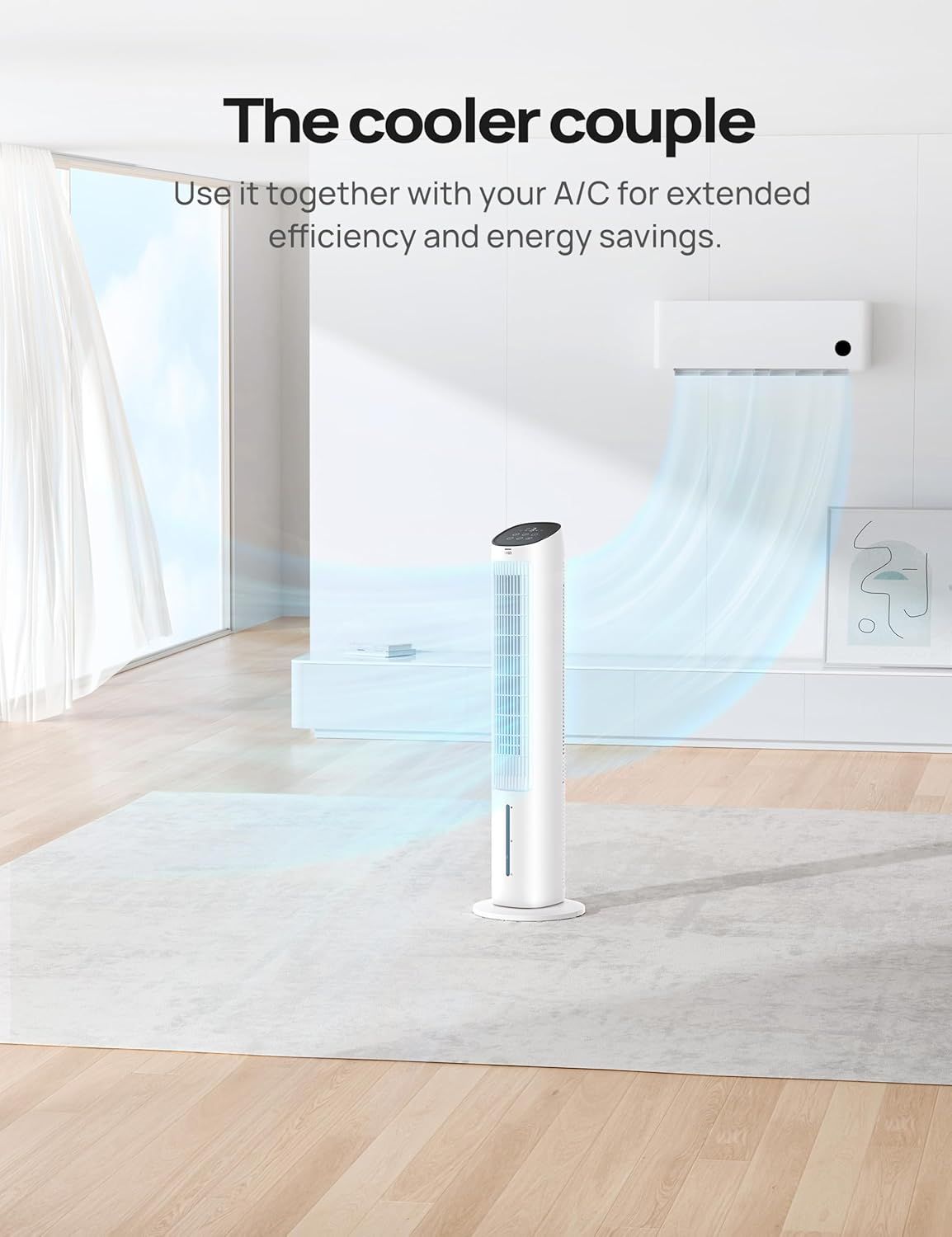 Communicates that the product works together with air conditioning to enhance efficiency and save energy, positioning it as a complementary cooling solution.