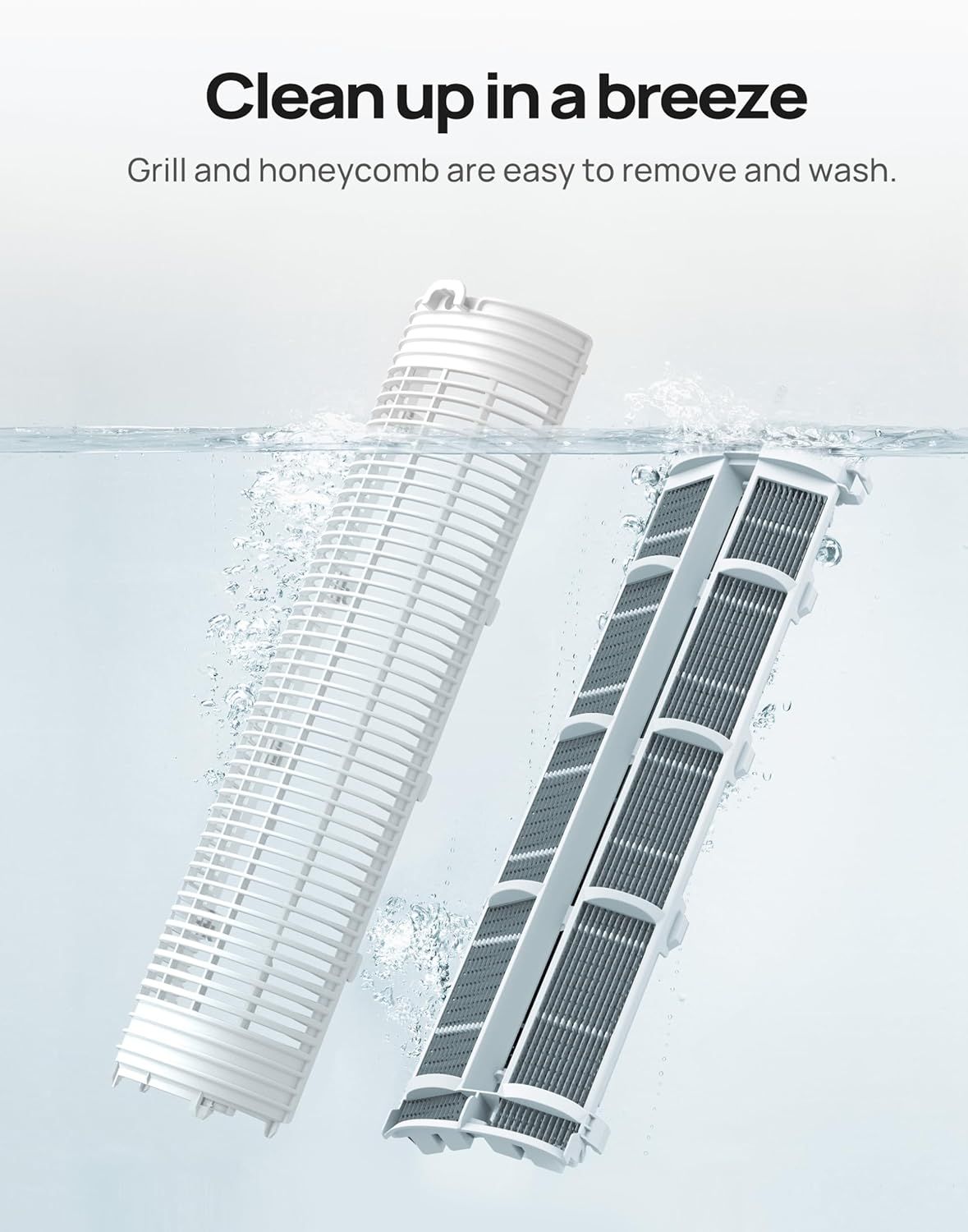 Demonstrates how easy it is to clean the product by showing the grill and honeycomb components submerged in water, reassuring shoppers that maintenance is simple and hassle-free. Highlights the…