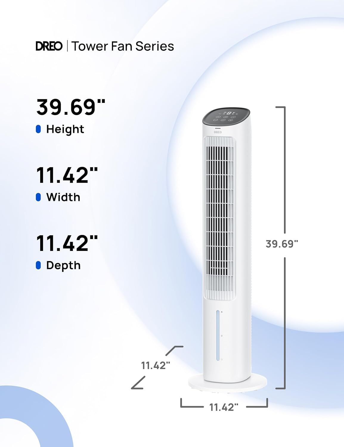Communicates the exact physical dimensions of the tower fan to help shoppers understand its size and footprint before purchase.