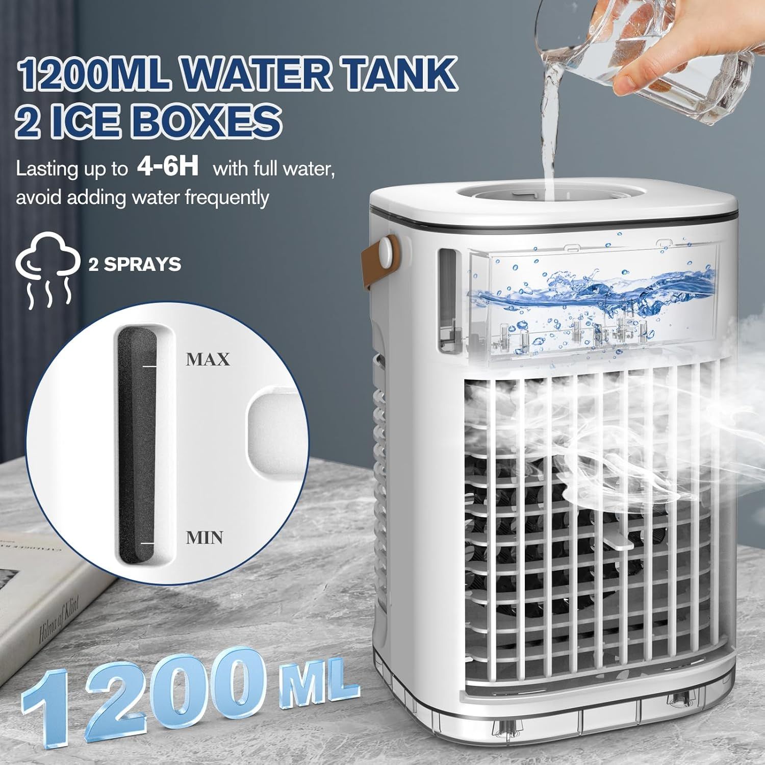 Communicates multiple key features of the evaporative cooler including large water capacity, ice box cooling, extended runtime, and dual spray functionality to demonstrate comprehensive cooling…