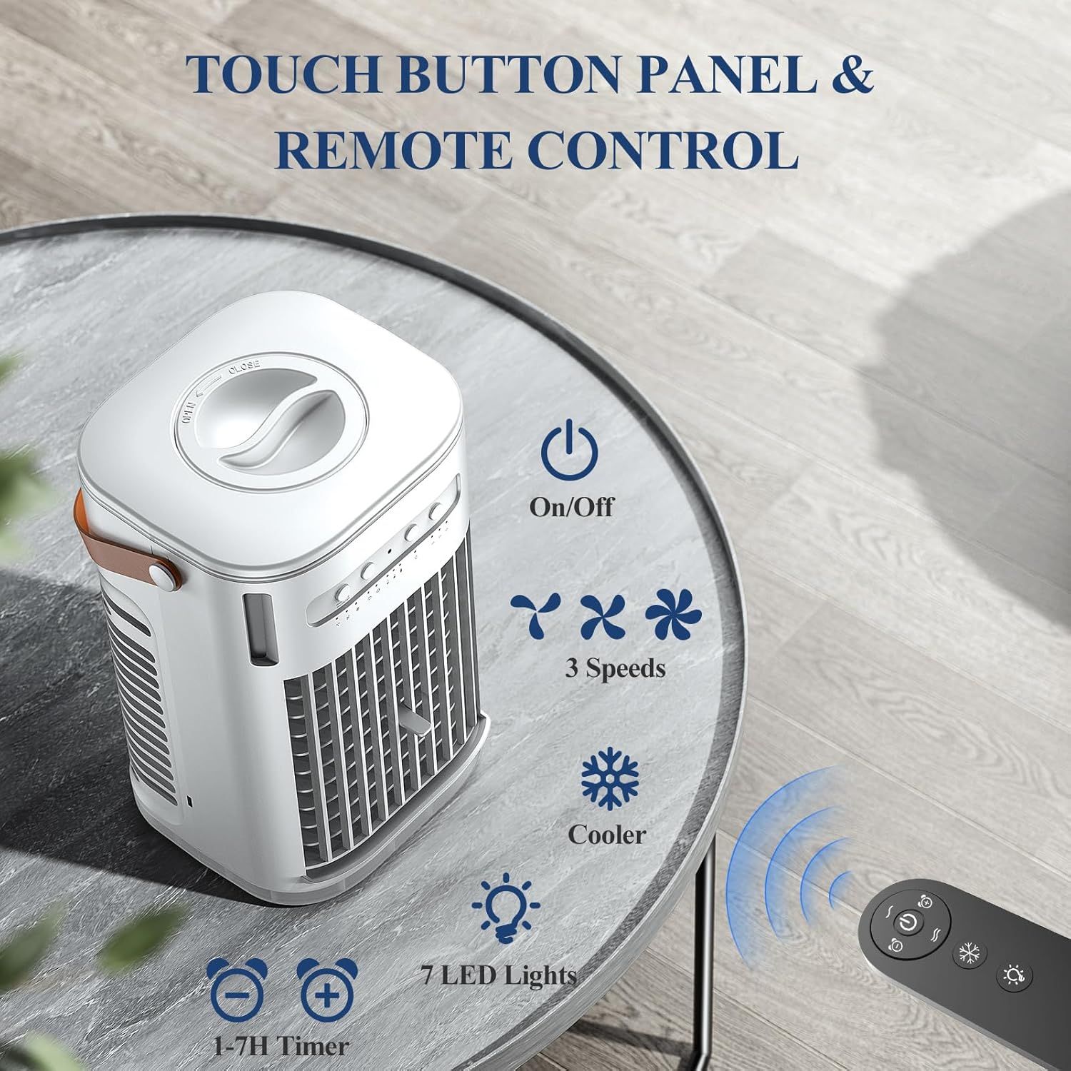 Communicates the product's multiple control options and features, including touch panel controls, remote operation, adjustable speeds, timer, lighting, and cooling mode to demonstrate versatility…