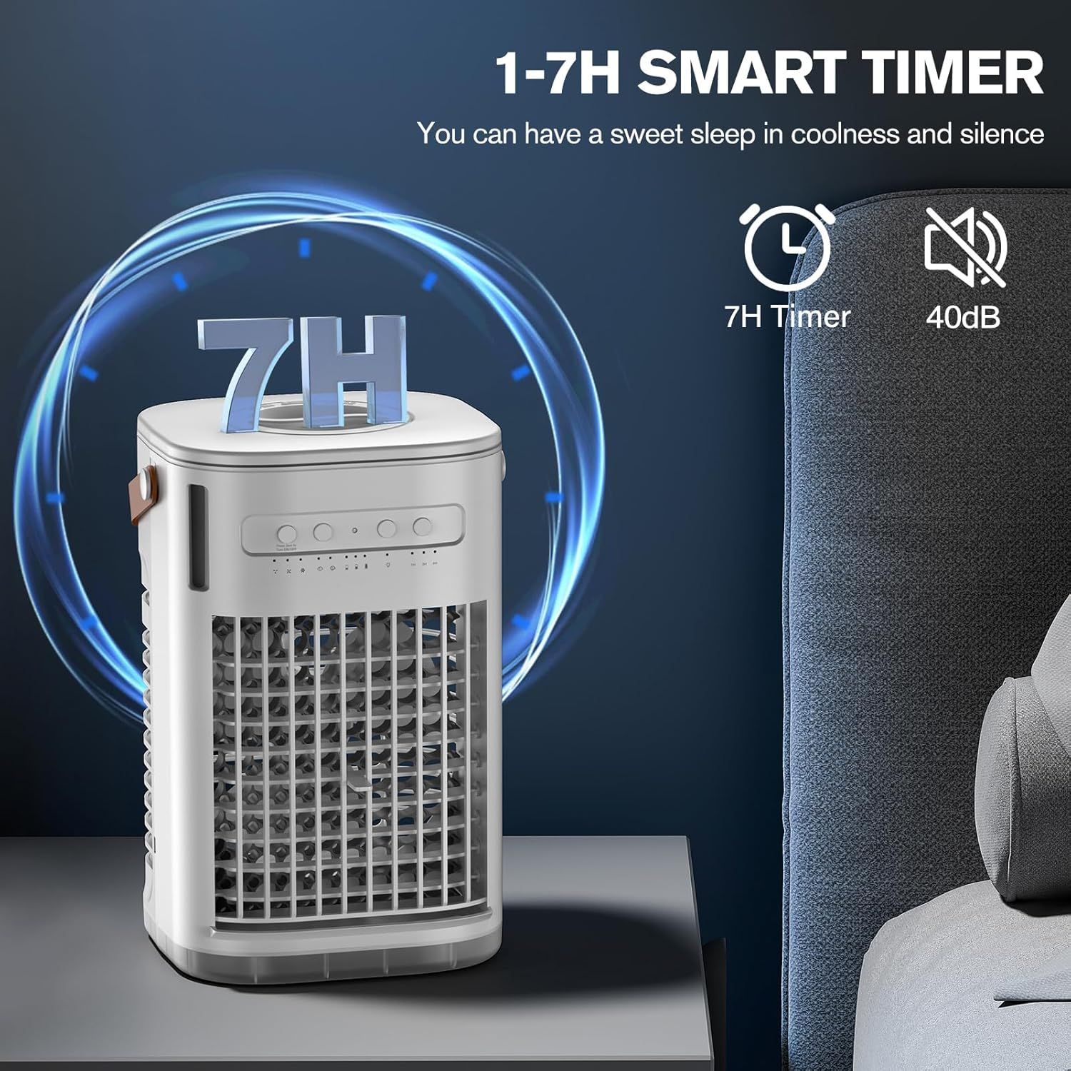 Communicates two key benefits of the cooling device: a programmable 7-hour timer for sleep convenience and ultra-quiet 40dB operation for peaceful rest.