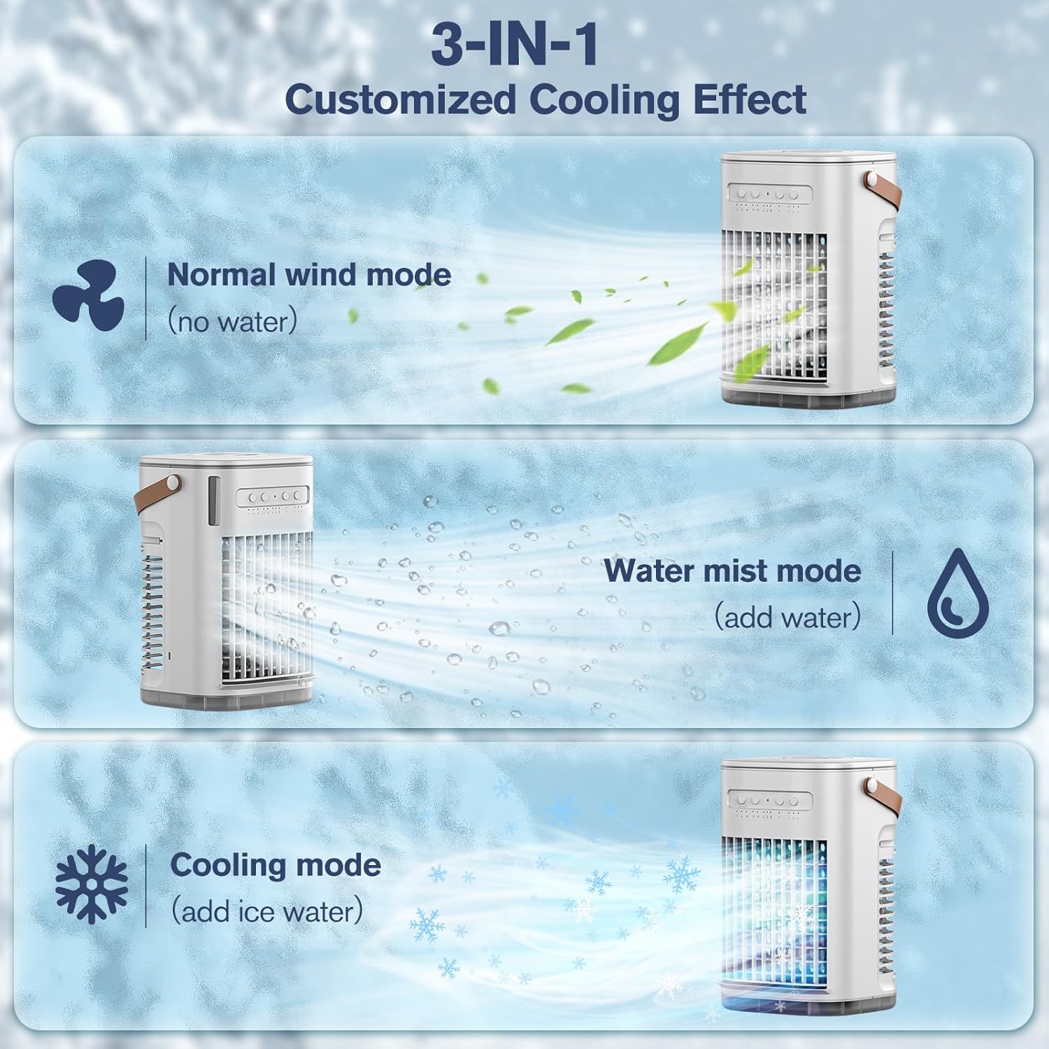 Demonstrates the three different operating modes of the cooling device to show versatility and multiple use scenarios for different cooling needs. Explains how to use the product in three different…