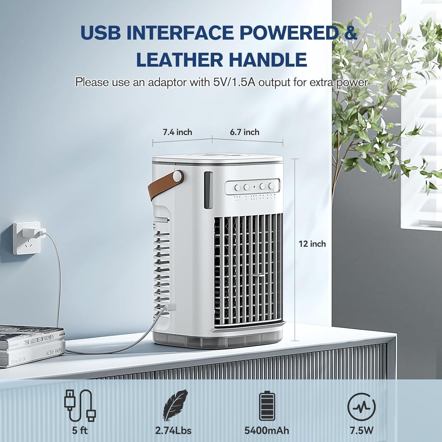Communicates multiple key product benefits including USB power compatibility, portability via leather handle, lightweight design, battery capacity, power efficiency, and compact dimensions to help…