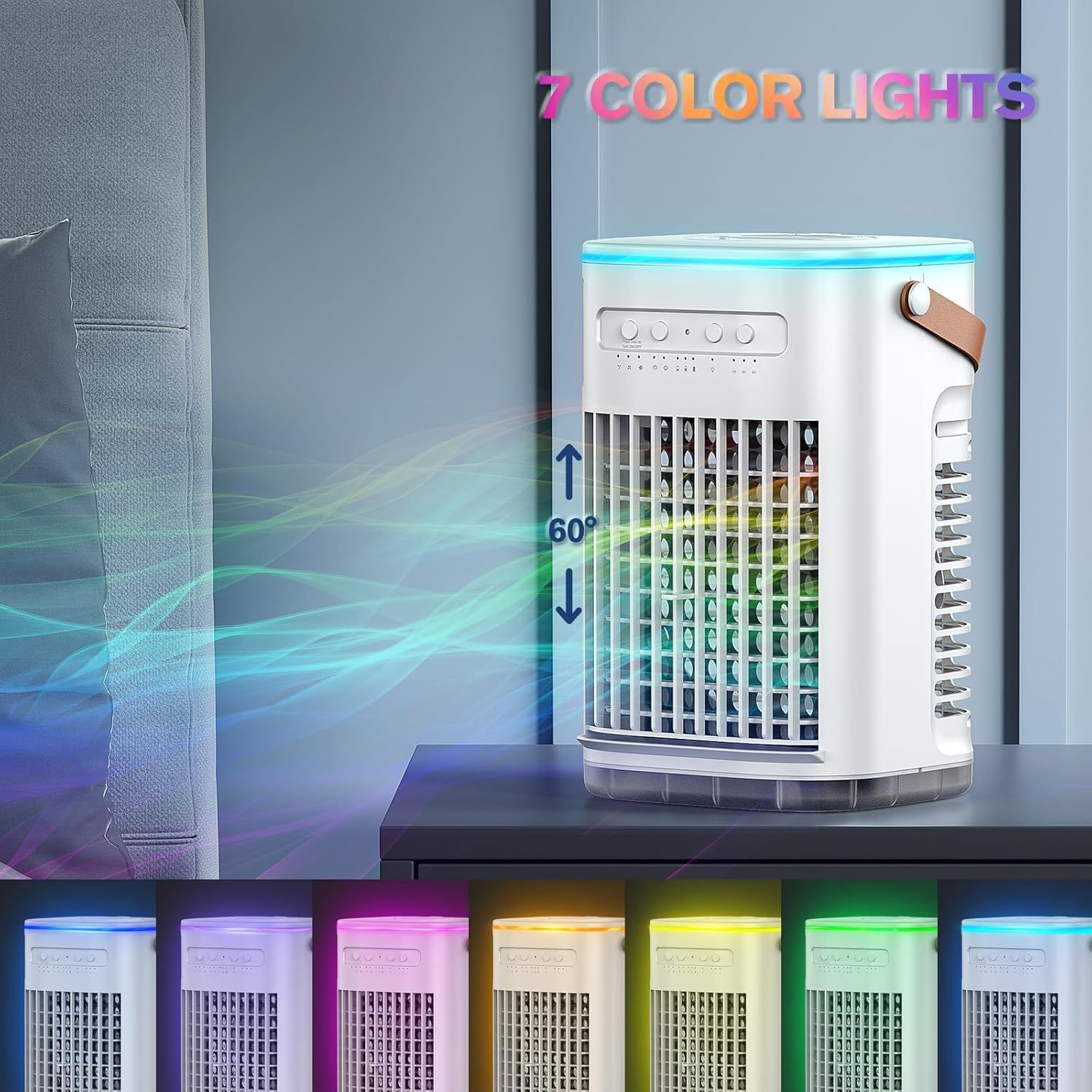 Highlights the product's multiple features including customizable 7-color lighting options and 60-degree oscillation capability to demonstrate versatility and ambient lighting functionality.