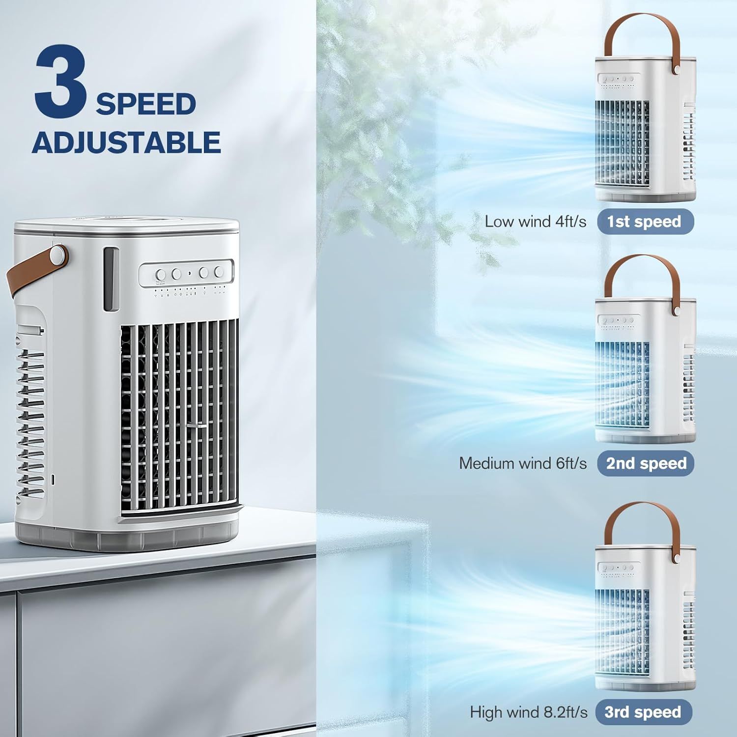 Communicates the product's adjustable fan speed capability with specific airflow metrics (4ft/s, 6ft/s, 8.2ft/s) to help shoppers understand performance levels and customization options. Highlights…