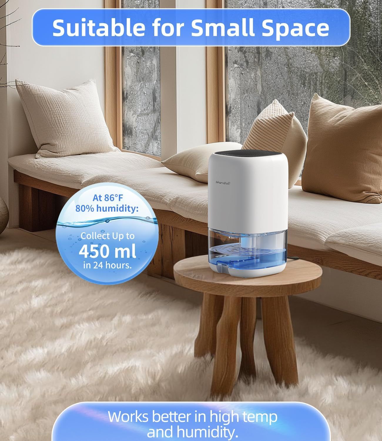 Communicates the dehumidifier's quantifiable performance capacity to reassure shoppers of its effectiveness in removing moisture from small spaces. Demonstrates that the product is ideal for small…