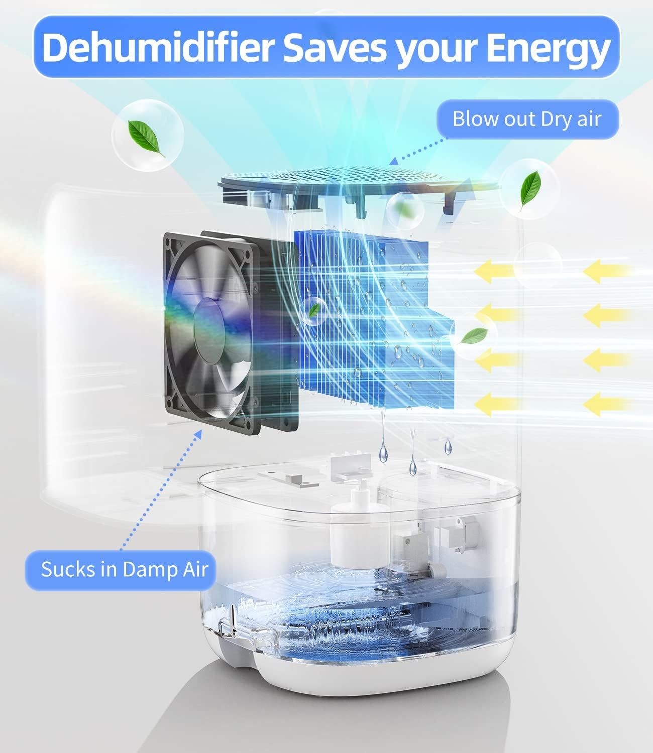 This image breaks down the dehumidifier's internal structure to show how it works: damp air is sucked in, processed through filters and cooling elements, and dry air is blown out, demonstrating the…