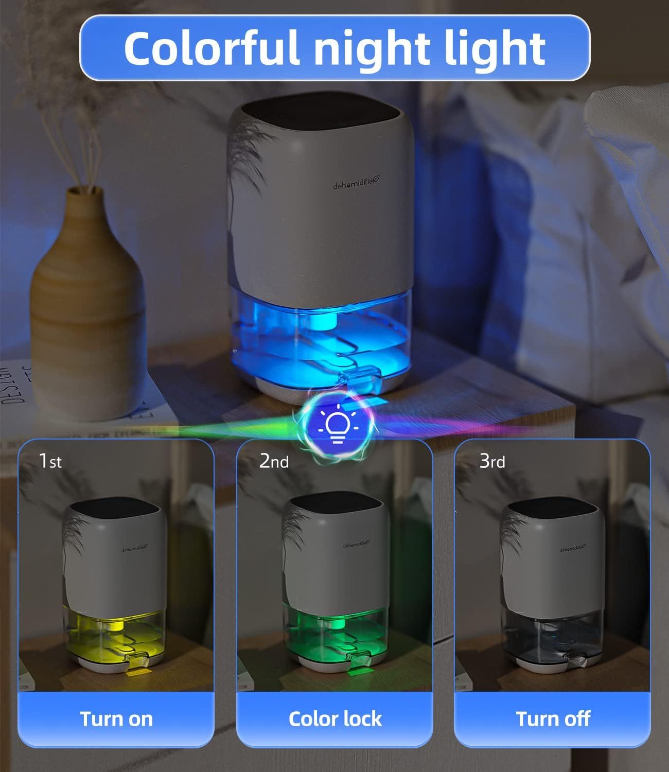 Demonstrates the three-step operation sequence for the product's colorful night light feature: how to turn it on, lock a color, and turn it off. Highlights the product's colorful ambient lighting…