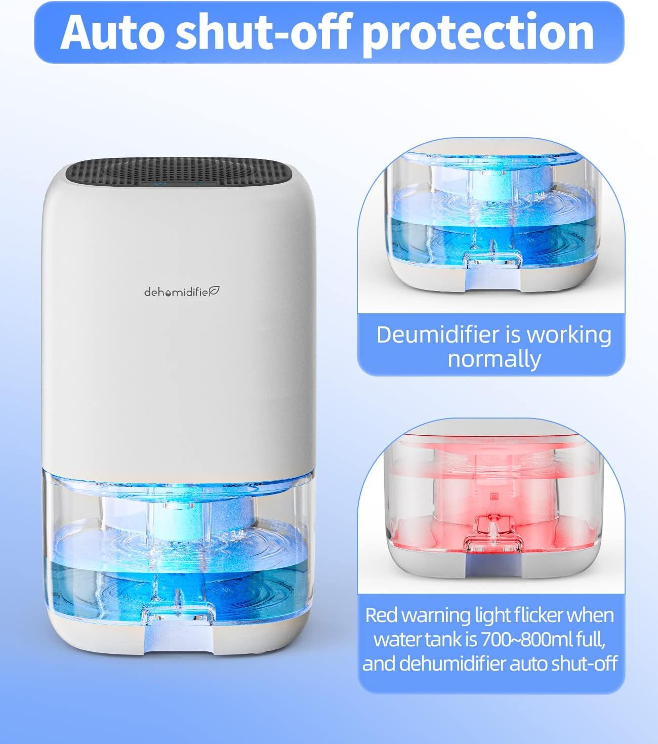 Communicates the safety feature of automatic shut-off when the water tank is full, reassuring shoppers that the dehumidifier prevents overflow and operates safely without constant monitoring.…