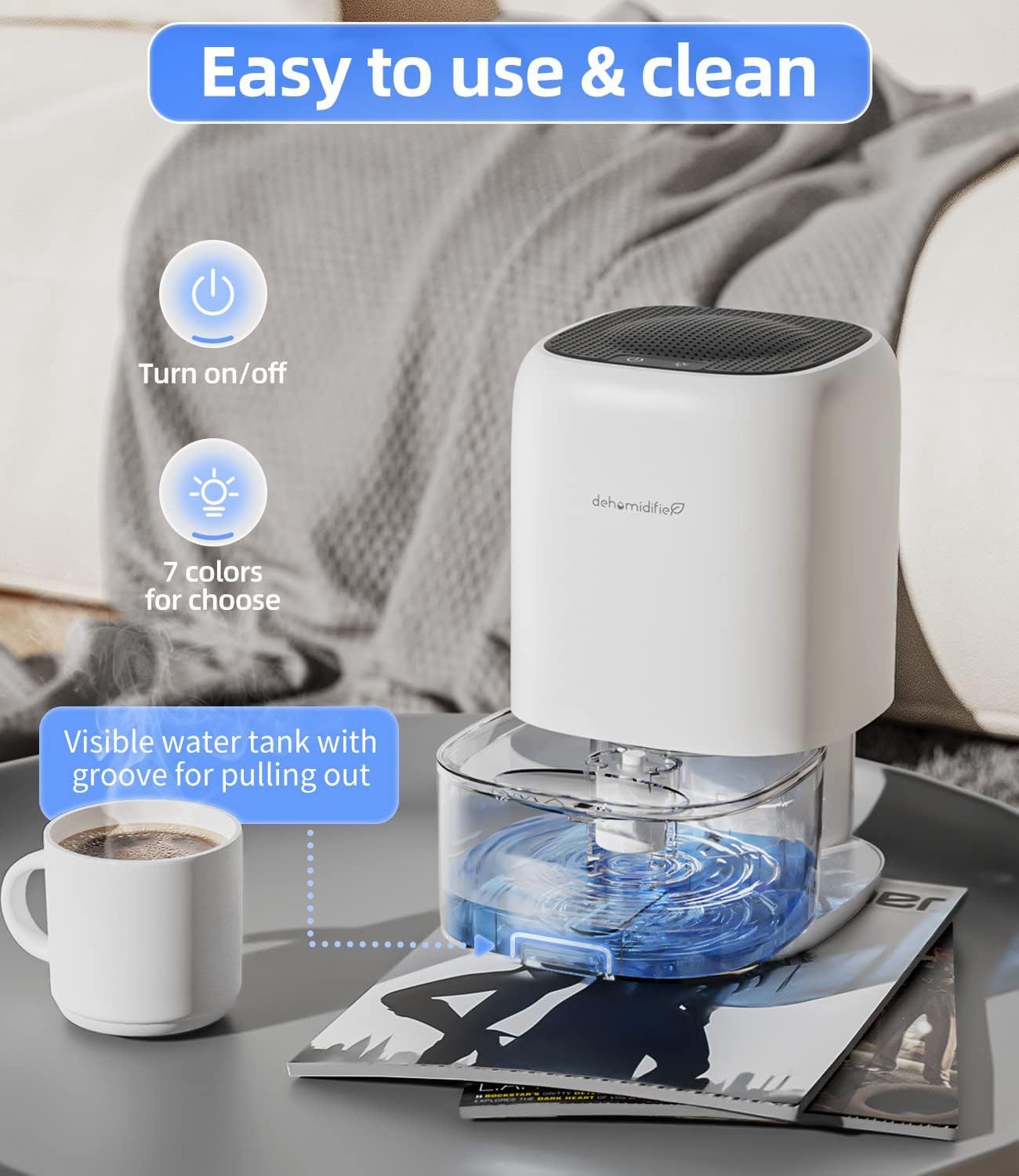 Communicates multiple convenience features of the dehumidifier including ease of use, simple controls, customizable lighting, and a transparent removable water tank to reassure shoppers of its…