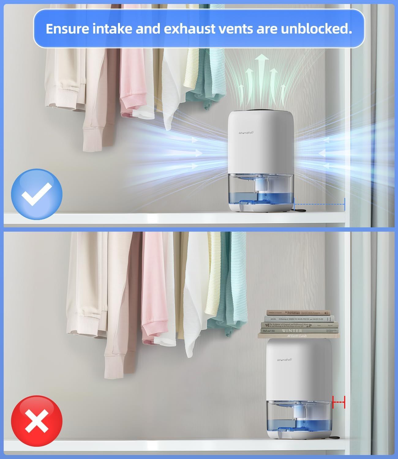 Instructs shoppers on the correct installation method by showing proper vent clearance (top image with checkmark) versus improper blocked placement (bottom image with X mark). Communicates the…