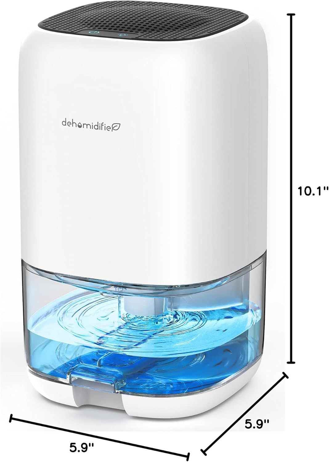 Communicates the exact physical size of the dehumidifier (10.1" height, 5.9" width and depth) to help shoppers understand if it will fit in their intended space.