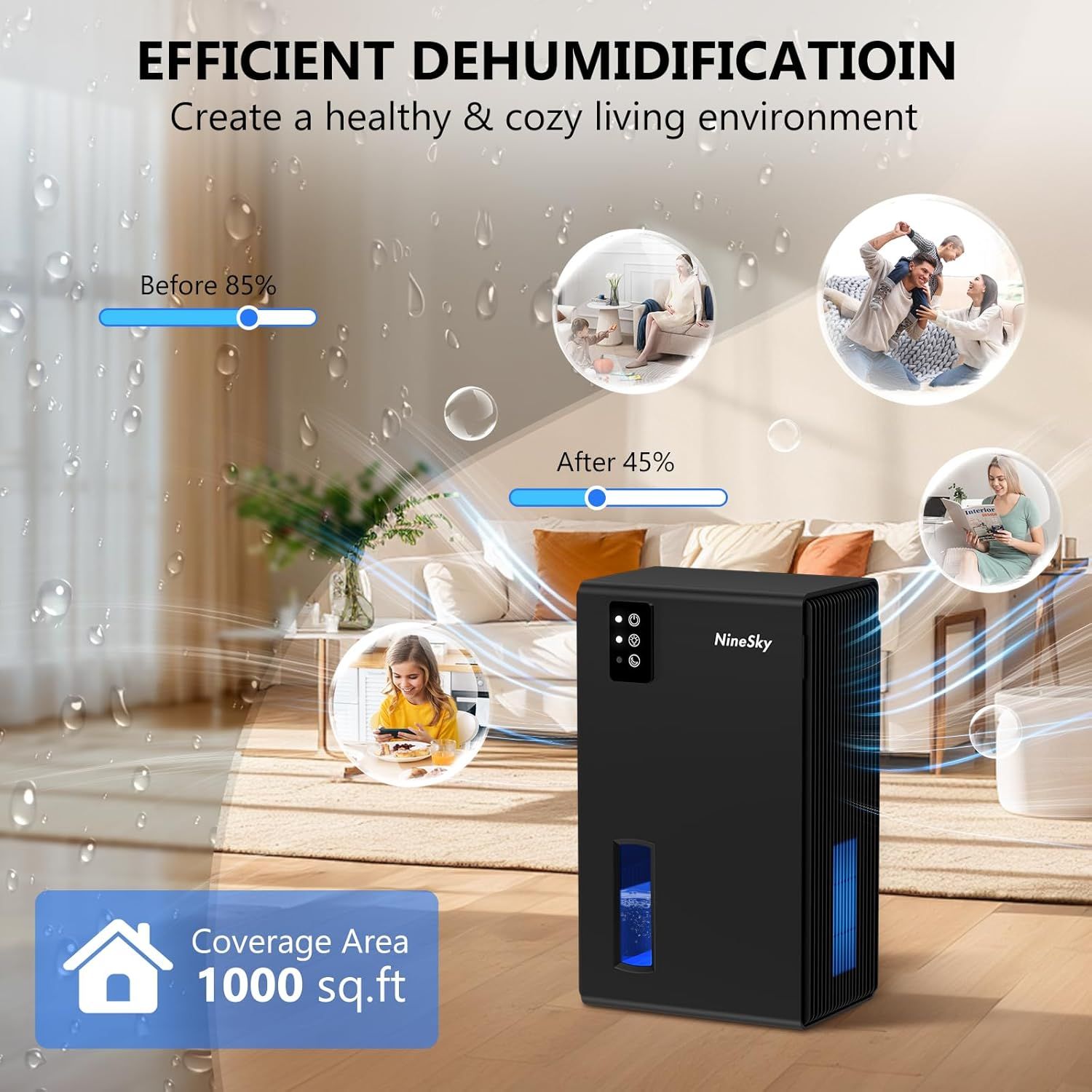 Communicates the dehumidifier's quantifiable performance metrics—reducing humidity from 85% to 45%—and its large 1000 sq.ft coverage area to demonstrate effectiveness and suitability for whole-home…