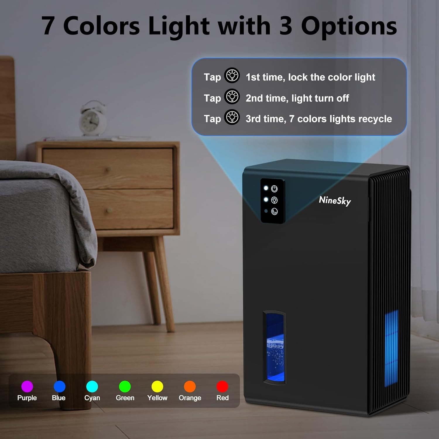 Explains how to operate the color light feature using a simple 3-step tap control system, reassuring shoppers that the lighting modes are easy to use and customize. Highlights the product's 7-color…